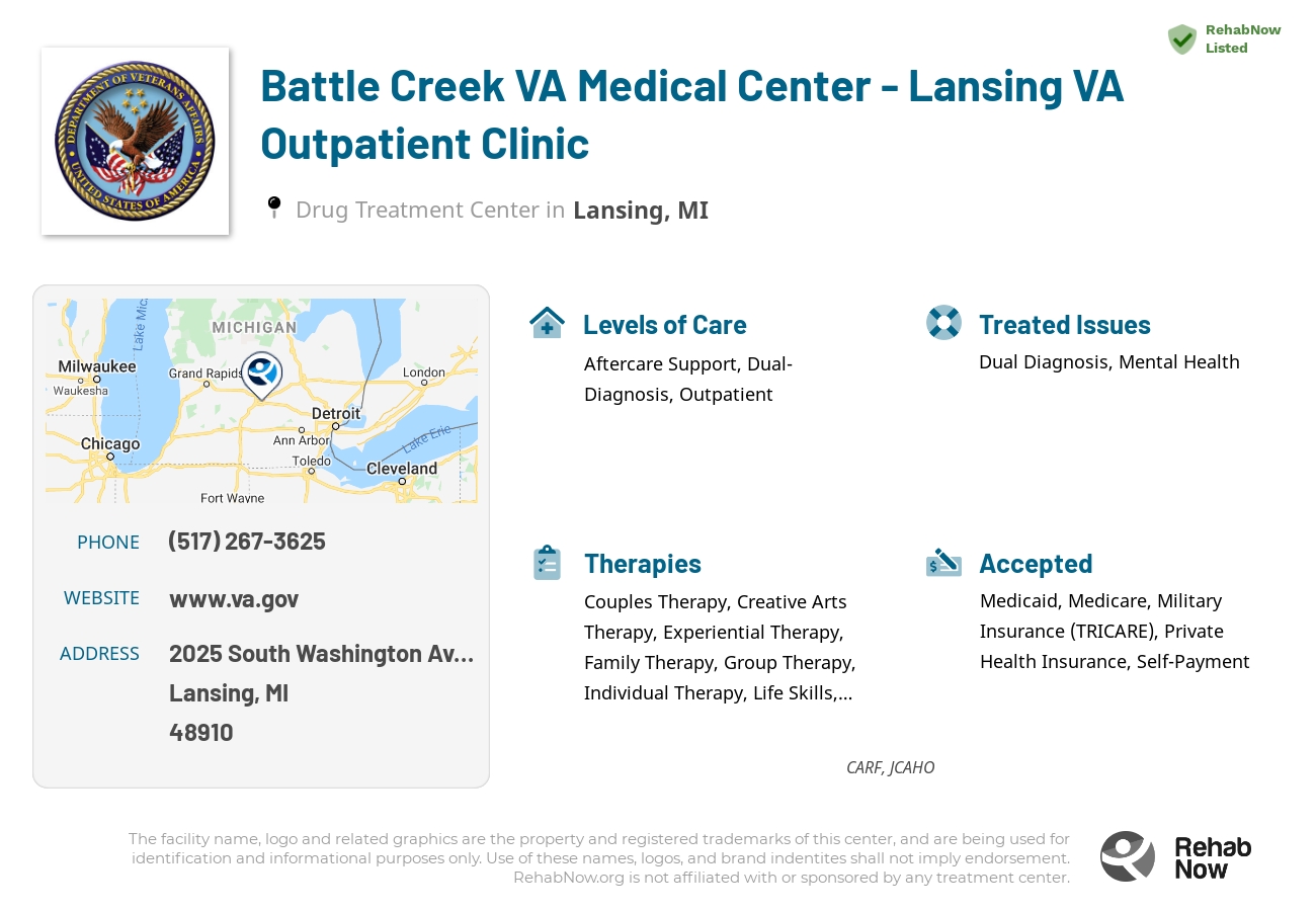 Helpful reference information for Battle Creek VA Medical Center - Lansing VA Outpatient Clinic, a drug treatment center in Michigan located at: 2025 South Washington Avenue, Lansing, MI, 48910, including phone numbers, official website, and more. Listed briefly is an overview of Levels of Care, Therapies Offered, Issues Treated, and accepted forms of Payment Methods.
