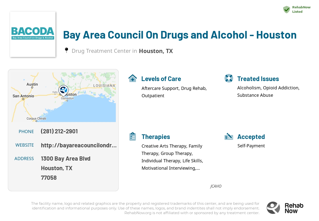 Helpful reference information for Bay Area Council On Drugs and Alcohol - Houston, a drug treatment center in Texas located at: 1300 Bay Area Blvd, Houston, TX 77058, including phone numbers, official website, and more. Listed briefly is an overview of Levels of Care, Therapies Offered, Issues Treated, and accepted forms of Payment Methods.