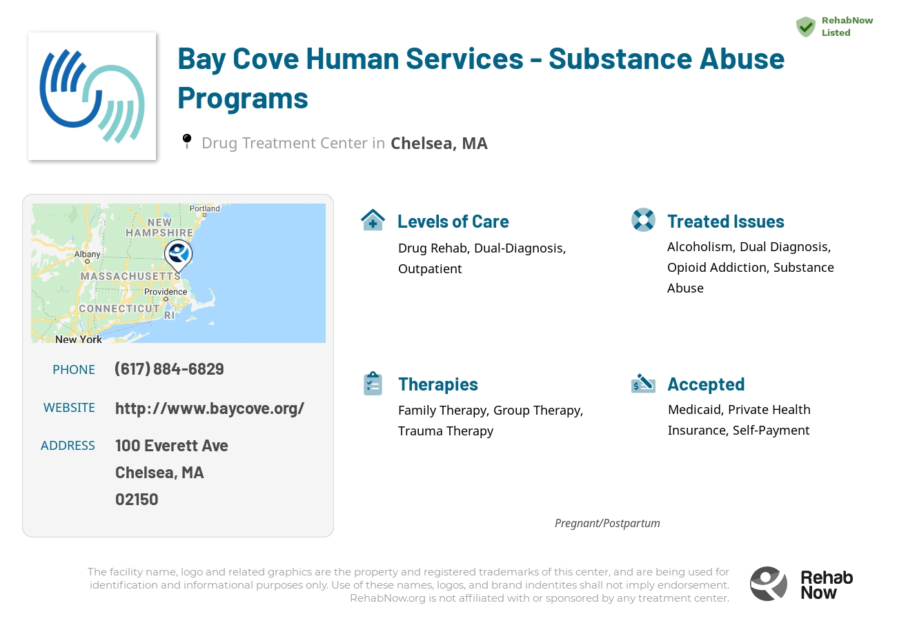 Helpful reference information for Bay Cove Human Services - Substance Abuse Programs, a drug treatment center in Massachusetts located at: 100 Everett Ave, Chelsea, MA 02150, including phone numbers, official website, and more. Listed briefly is an overview of Levels of Care, Therapies Offered, Issues Treated, and accepted forms of Payment Methods.