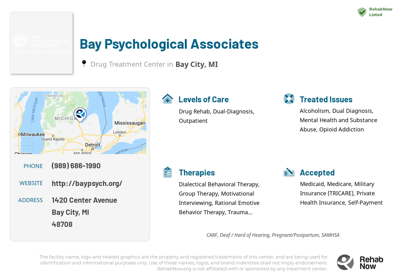 Helpful reference information for Bay Psychological Associates, a drug treatment center in Michigan located at: 1420 Center Avenue, Bay City, MI, 48708, including phone numbers, official website, and more. Listed briefly is an overview of Levels of Care, Therapies Offered, Issues Treated, and accepted forms of Payment Methods.