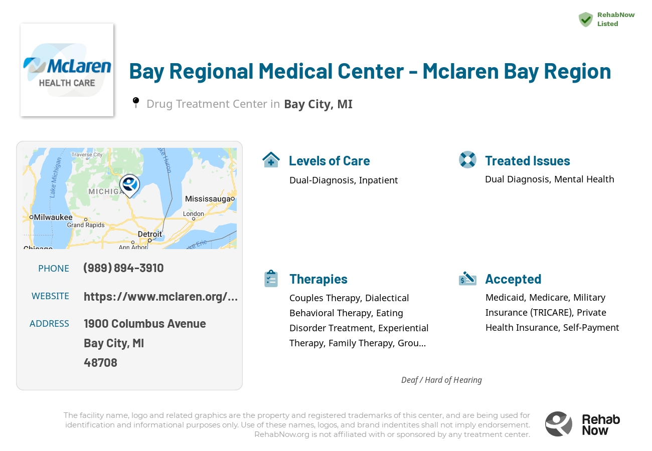 Helpful reference information for Bay Regional Medical Center - Mclaren Bay Region, a drug treatment center in Michigan located at: 1900 1900 Columbus Avenue, Bay City, MI 48708, including phone numbers, official website, and more. Listed briefly is an overview of Levels of Care, Therapies Offered, Issues Treated, and accepted forms of Payment Methods.