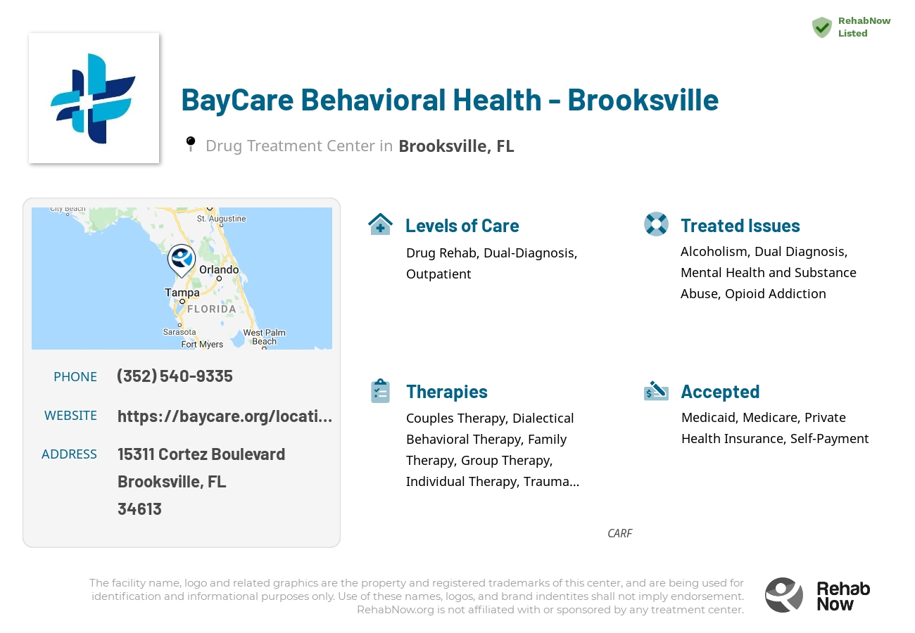 Helpful reference information for BayCare Behavioral Health - Brooksville, a drug treatment center in Florida located at: 15311 Cortez Boulevard, Brooksville, FL, 34613, including phone numbers, official website, and more. Listed briefly is an overview of Levels of Care, Therapies Offered, Issues Treated, and accepted forms of Payment Methods.
