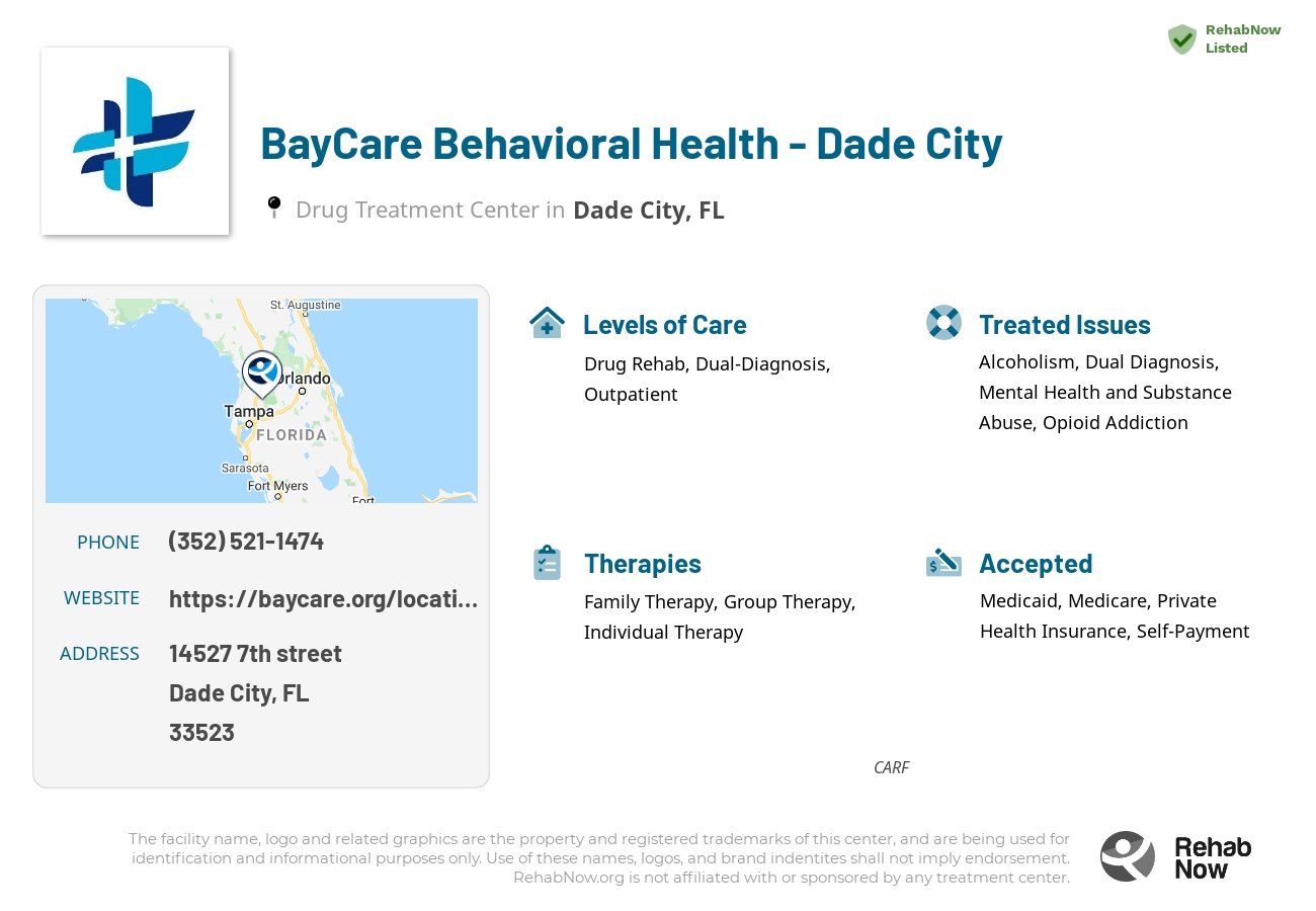 Helpful reference information for BayCare Behavioral Health - Dade City, a drug treatment center in Florida located at: 14527 7th street, Dade City, FL, 33523, including phone numbers, official website, and more. Listed briefly is an overview of Levels of Care, Therapies Offered, Issues Treated, and accepted forms of Payment Methods.