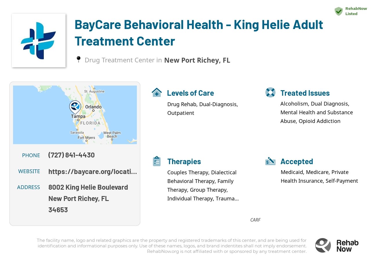 Helpful reference information for BayCare Behavioral Health - King Helie Adult Treatment Center, a drug treatment center in Florida located at: 8002 King Helie Boulevard, New Port Richey, FL, 34653, including phone numbers, official website, and more. Listed briefly is an overview of Levels of Care, Therapies Offered, Issues Treated, and accepted forms of Payment Methods.