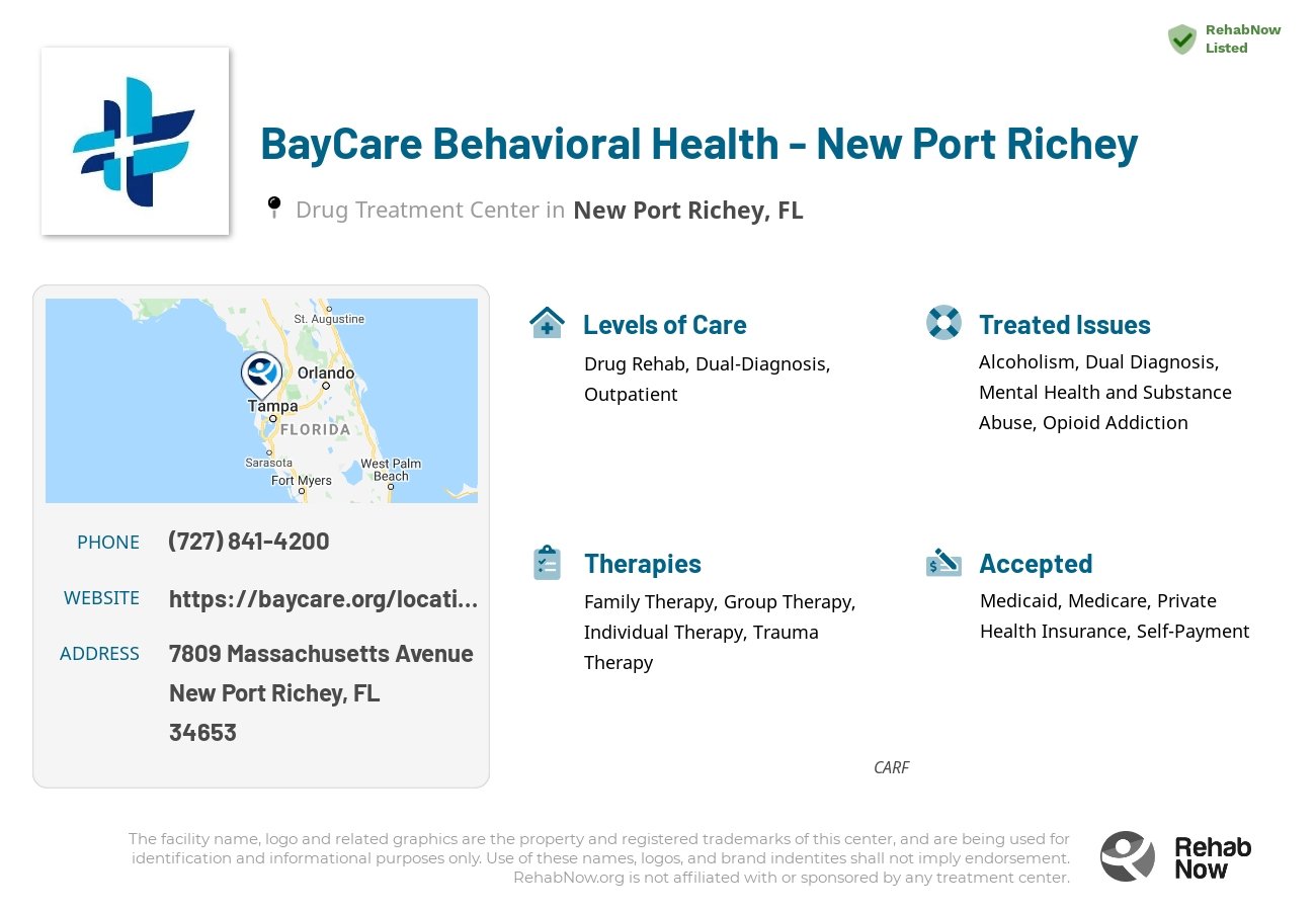 Helpful reference information for BayCare Behavioral Health - New Port Richey, a drug treatment center in Florida located at: 7809 Massachusetts Avenue, New Port Richey, FL, 34653, including phone numbers, official website, and more. Listed briefly is an overview of Levels of Care, Therapies Offered, Issues Treated, and accepted forms of Payment Methods.