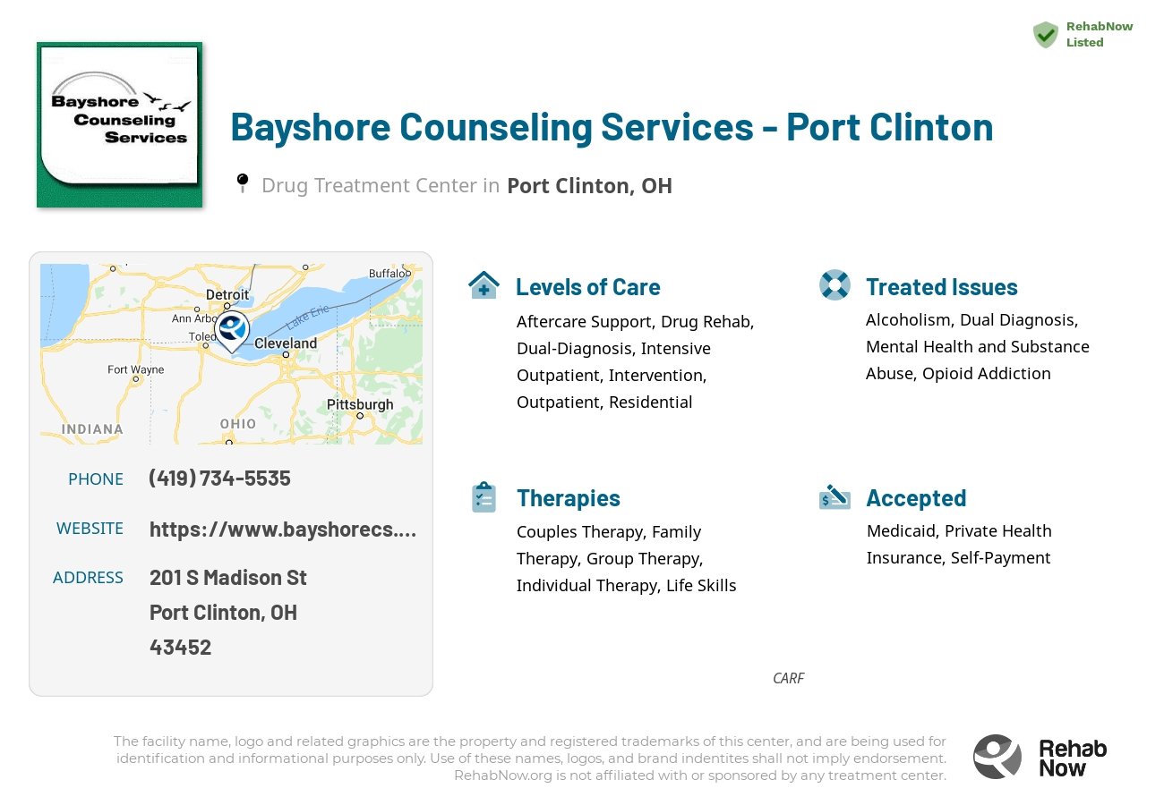 Helpful reference information for Bayshore Counseling Services - Port Clinton, a drug treatment center in Ohio located at: 201 S Madison St, Port Clinton, OH 43452, including phone numbers, official website, and more. Listed briefly is an overview of Levels of Care, Therapies Offered, Issues Treated, and accepted forms of Payment Methods.