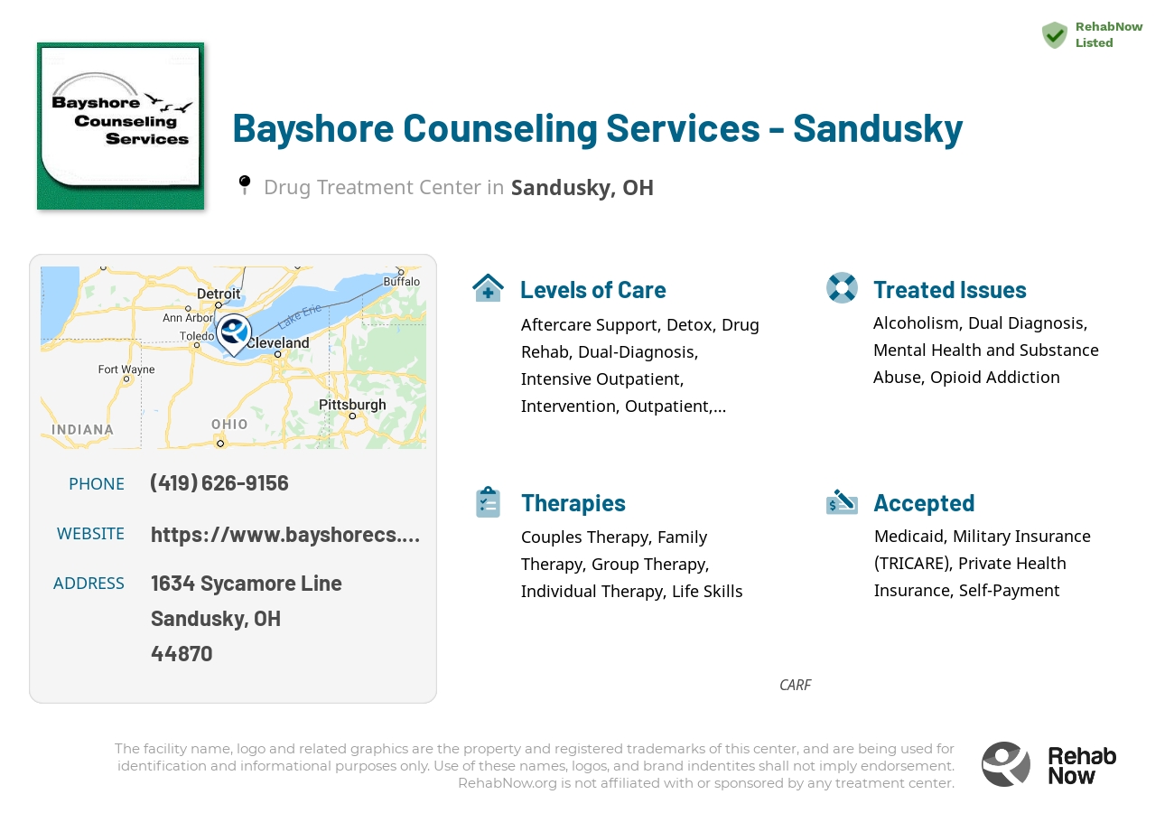 Helpful reference information for Bayshore Counseling Services - Sandusky, a drug treatment center in Ohio located at: 1634 Sycamore Line, Sandusky, OH 44870, including phone numbers, official website, and more. Listed briefly is an overview of Levels of Care, Therapies Offered, Issues Treated, and accepted forms of Payment Methods.