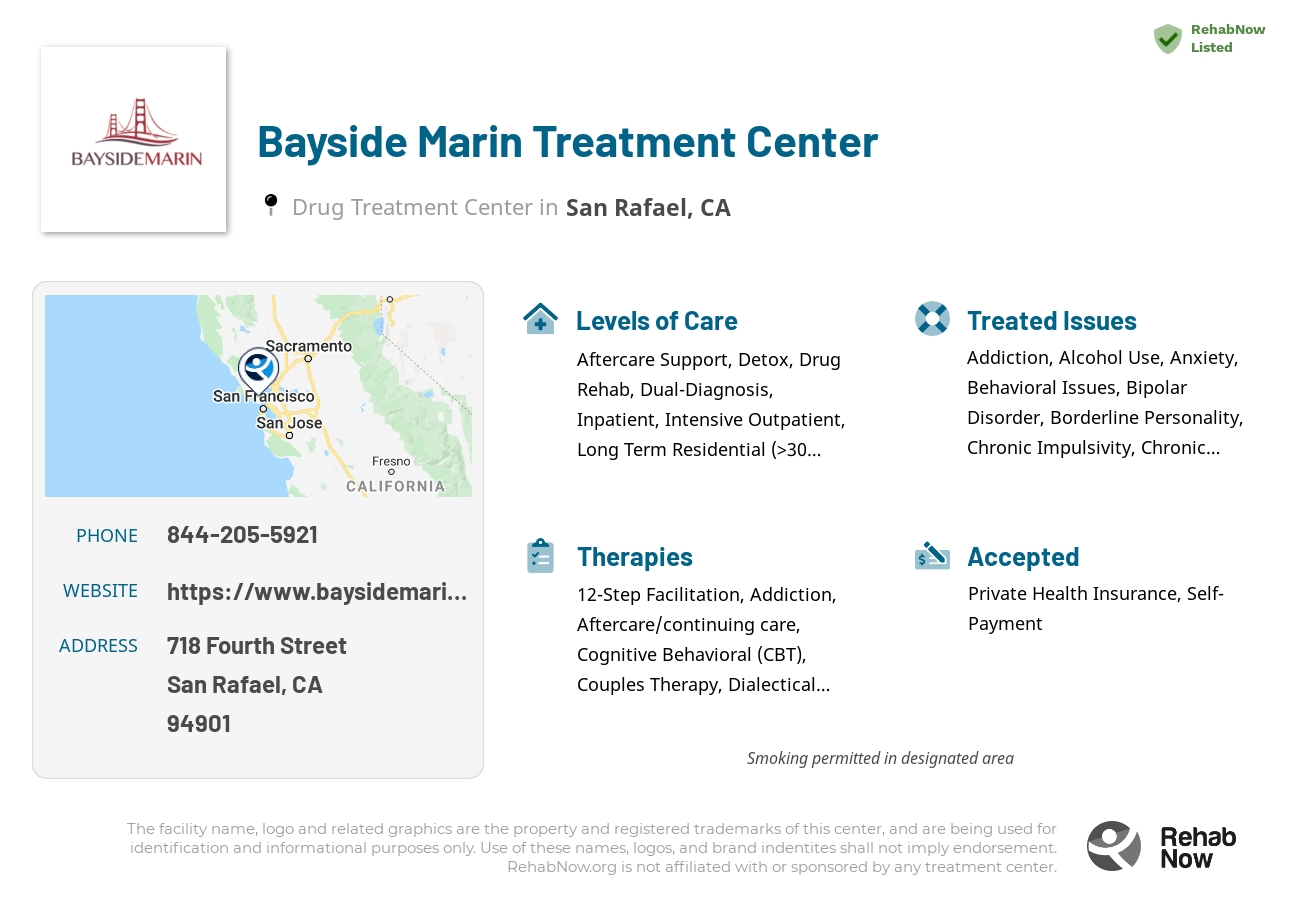 Helpful reference information for Bayside Marin Treatment Center, a drug treatment center in California located at: 718 Fourth Street, San Rafael, CA 94901, including phone numbers, official website, and more. Listed briefly is an overview of Levels of Care, Therapies Offered, Issues Treated, and accepted forms of Payment Methods.