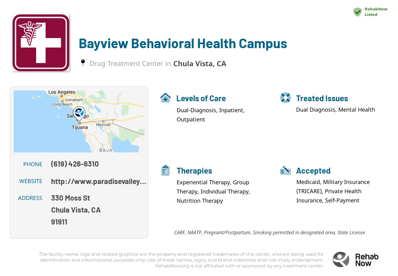 Helpful reference information for Bayview Behavioral Health Campus, a drug treatment center in California located at: 330 Moss St, Chula Vista, CA 91911, including phone numbers, official website, and more. Listed briefly is an overview of Levels of Care, Therapies Offered, Issues Treated, and accepted forms of Payment Methods.