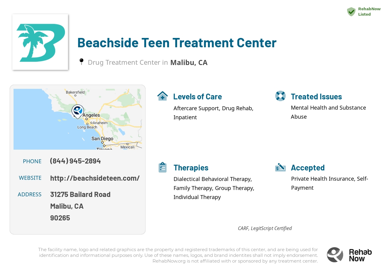 Helpful reference information for Beachside Teen Treatment Center, a drug treatment center in California located at: 31275 Bailard Road, Malibu, CA, 90265, including phone numbers, official website, and more. Listed briefly is an overview of Levels of Care, Therapies Offered, Issues Treated, and accepted forms of Payment Methods.