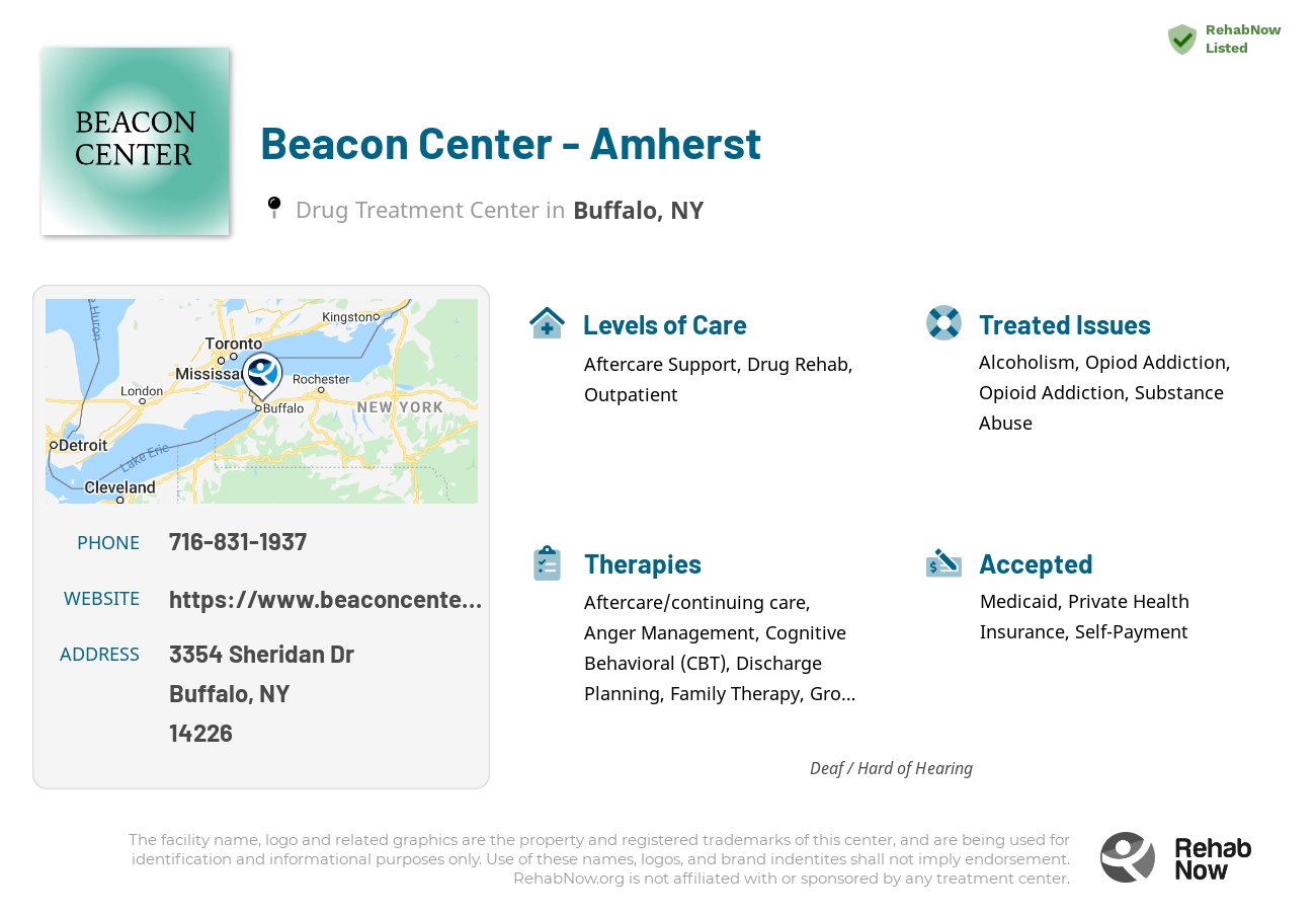 Helpful reference information for Beacon Center - Amherst, a drug treatment center in New York located at: 3354 Sheridan Dr, Buffalo, NY 14226, including phone numbers, official website, and more. Listed briefly is an overview of Levels of Care, Therapies Offered, Issues Treated, and accepted forms of Payment Methods.