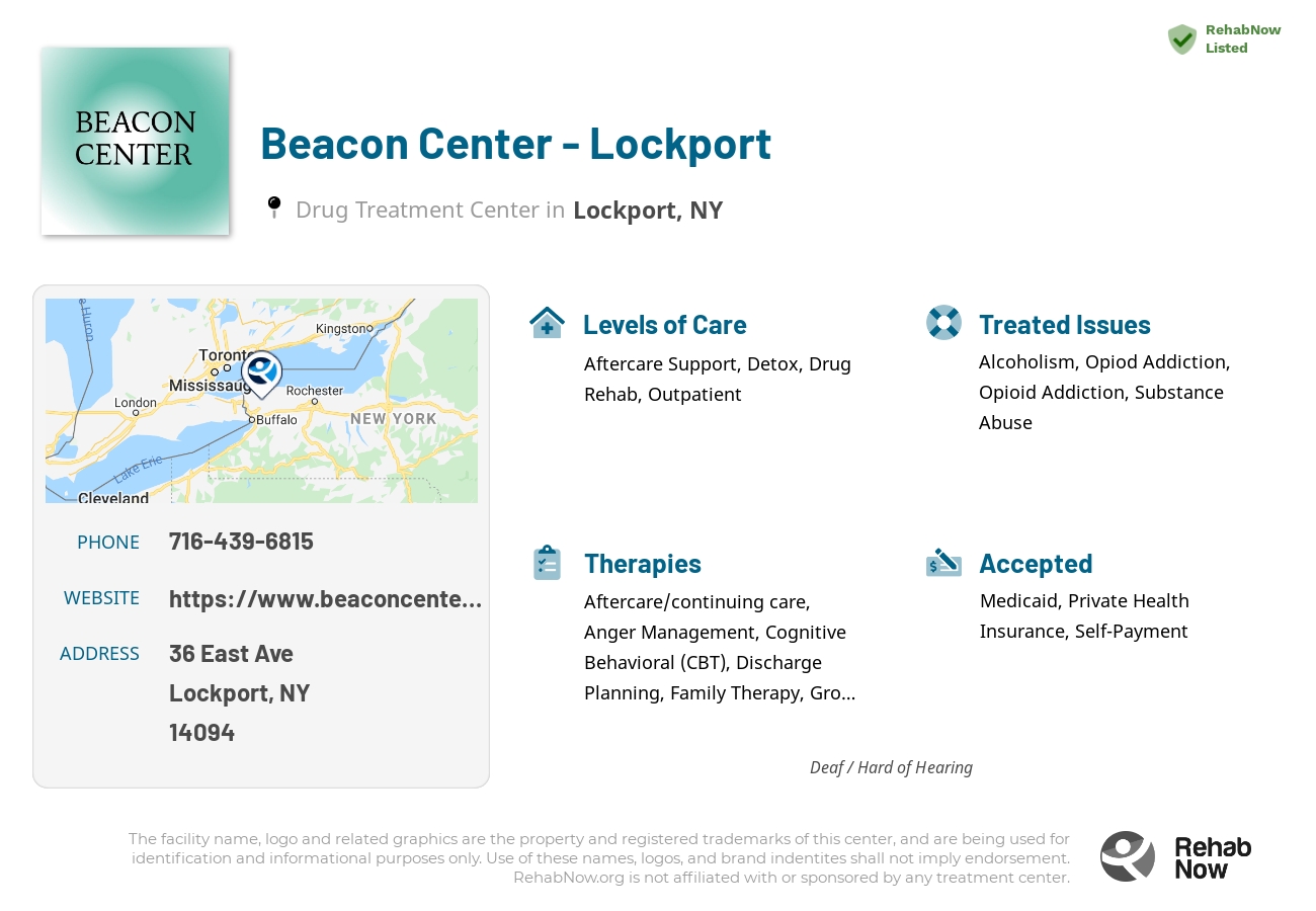 Helpful reference information for Beacon Center - Lockport, a drug treatment center in New York located at: 36 East Ave, Lockport, NY 14094, including phone numbers, official website, and more. Listed briefly is an overview of Levels of Care, Therapies Offered, Issues Treated, and accepted forms of Payment Methods.