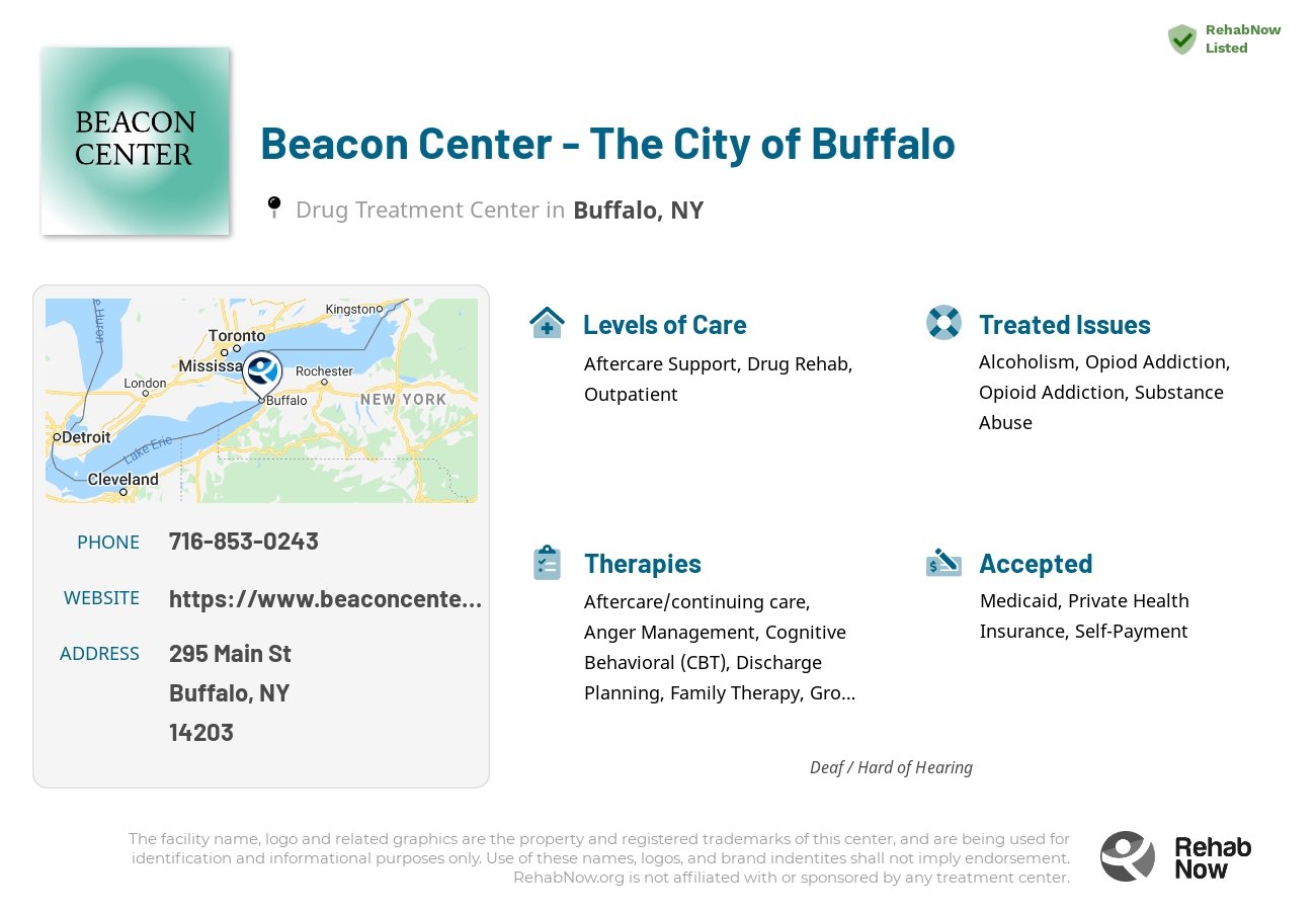 Helpful reference information for Beacon Center - The City of Buffalo, a drug treatment center in New York located at: 295 Main St, Buffalo, NY 14203, including phone numbers, official website, and more. Listed briefly is an overview of Levels of Care, Therapies Offered, Issues Treated, and accepted forms of Payment Methods.