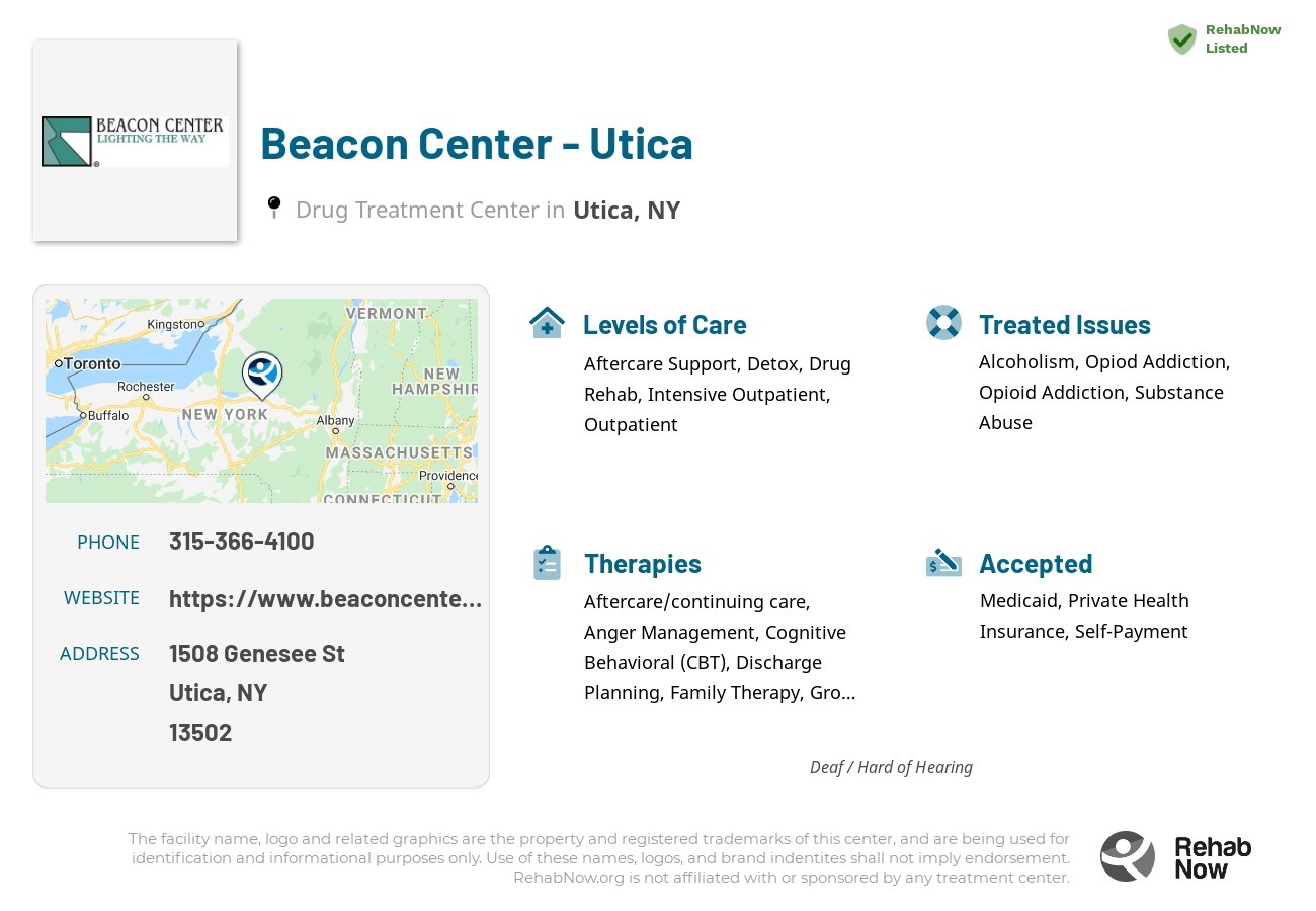 Helpful reference information for Beacon Center - Utica, a drug treatment center in New York located at: 1508 Genesee St, Utica, NY 13502, including phone numbers, official website, and more. Listed briefly is an overview of Levels of Care, Therapies Offered, Issues Treated, and accepted forms of Payment Methods.