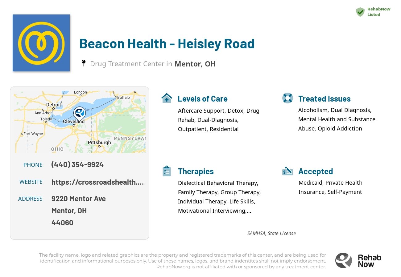 Helpful reference information for Beacon Health - Heisley Road, a drug treatment center in Ohio located at: 9220 Mentor Ave, Mentor, OH 44060, including phone numbers, official website, and more. Listed briefly is an overview of Levels of Care, Therapies Offered, Issues Treated, and accepted forms of Payment Methods.