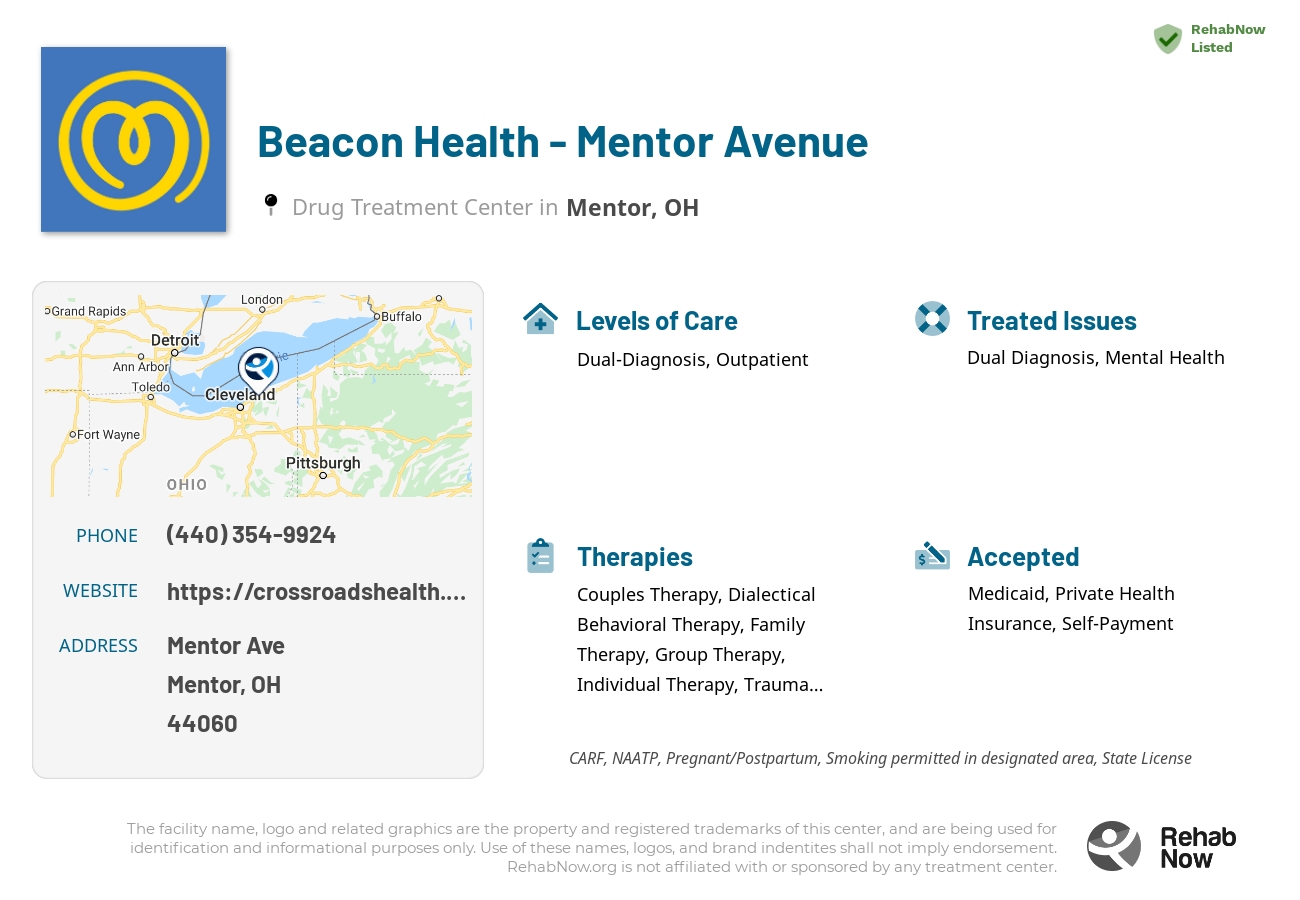 Helpful reference information for Beacon Health - Mentor Avenue, a drug treatment center in Ohio located at: Mentor Ave, Mentor, OH 44060, including phone numbers, official website, and more. Listed briefly is an overview of Levels of Care, Therapies Offered, Issues Treated, and accepted forms of Payment Methods.