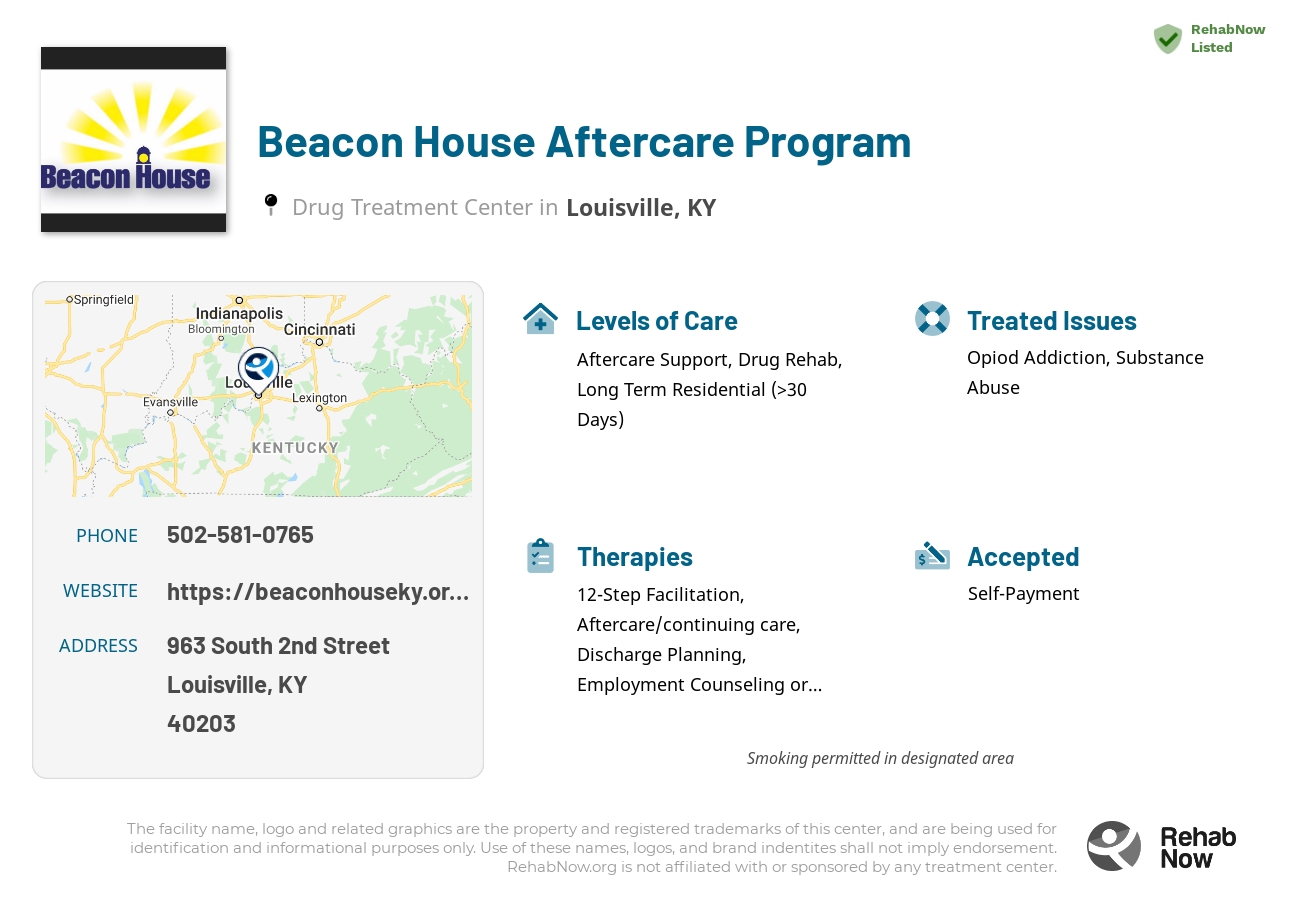 Helpful reference information for Beacon House Aftercare Program, a drug treatment center in Kentucky located at: 963 South 2nd Street, Louisville, KY 40203, including phone numbers, official website, and more. Listed briefly is an overview of Levels of Care, Therapies Offered, Issues Treated, and accepted forms of Payment Methods.