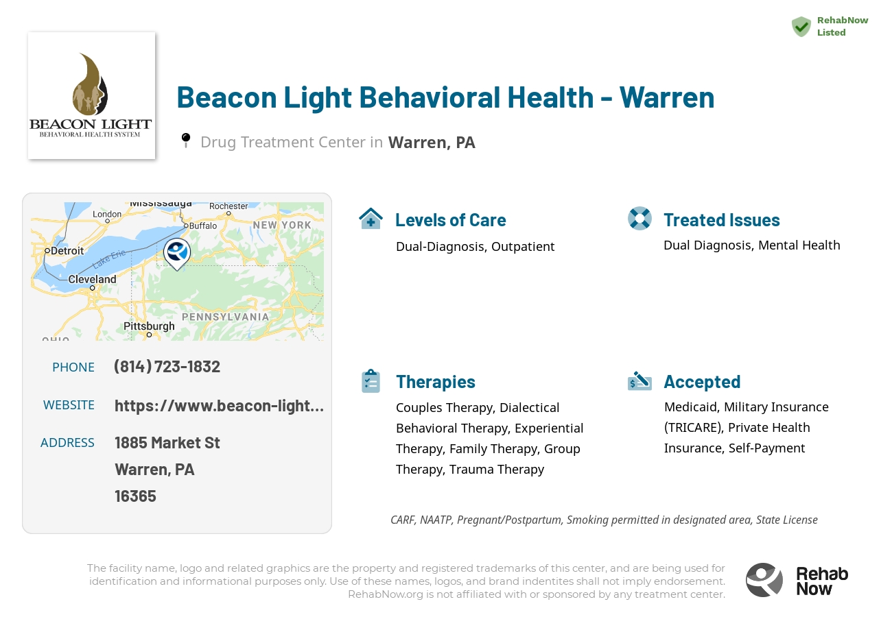 Helpful reference information for Beacon Light Behavioral Health - Warren, a drug treatment center in Pennsylvania located at: 1885 Market St, Warren, PA 16365, including phone numbers, official website, and more. Listed briefly is an overview of Levels of Care, Therapies Offered, Issues Treated, and accepted forms of Payment Methods.