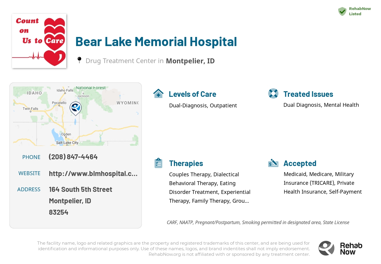 Helpful reference information for Bear Lake Memorial Hospital, a drug treatment center in Idaho located at: 164 South 5th Street, Montpelier, ID, 83254, including phone numbers, official website, and more. Listed briefly is an overview of Levels of Care, Therapies Offered, Issues Treated, and accepted forms of Payment Methods.