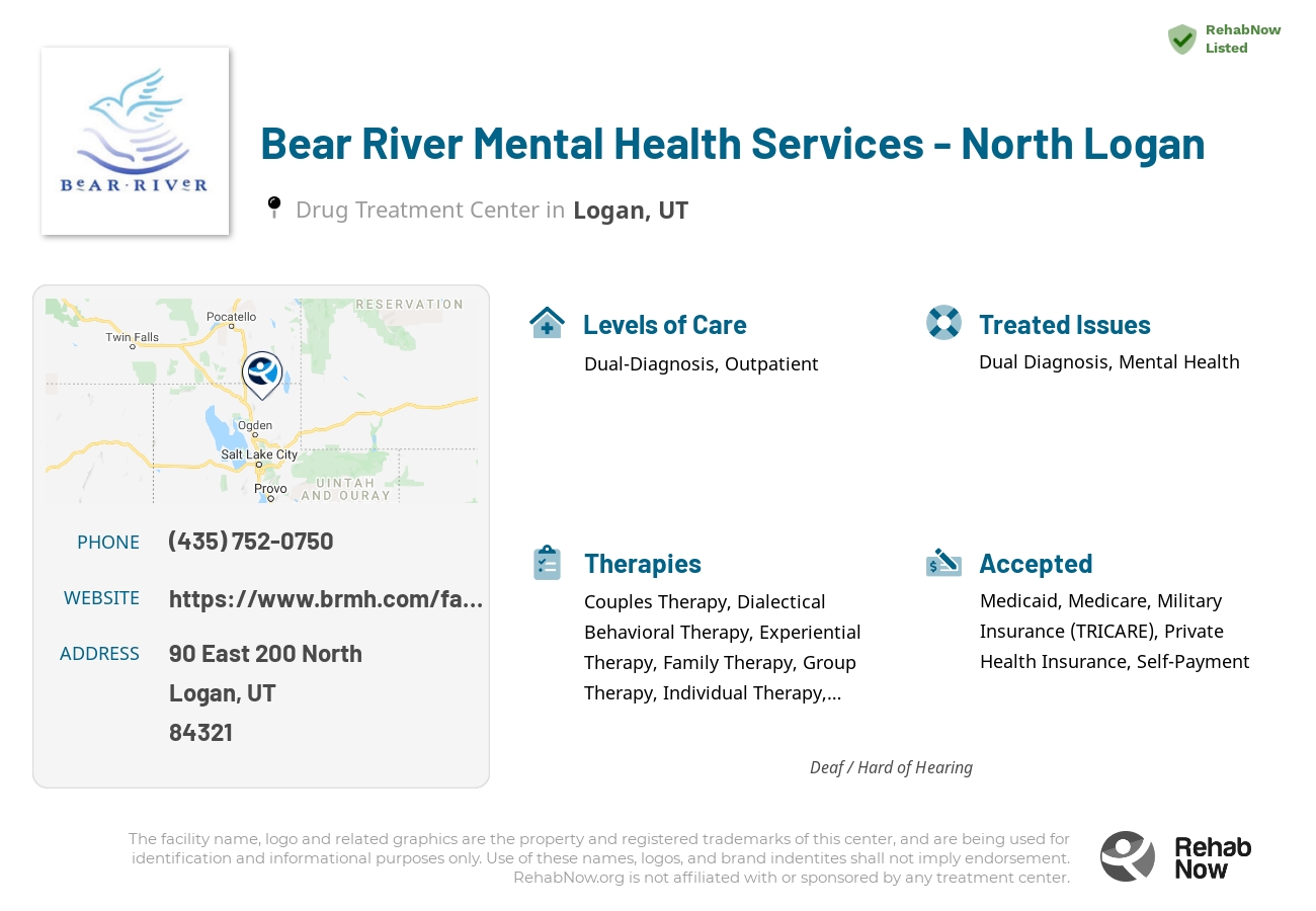 Helpful reference information for Bear River Mental Health Services - North Logan, a drug treatment center in Utah located at: 90 90 East 200 North, Logan, UT 84321, including phone numbers, official website, and more. Listed briefly is an overview of Levels of Care, Therapies Offered, Issues Treated, and accepted forms of Payment Methods.