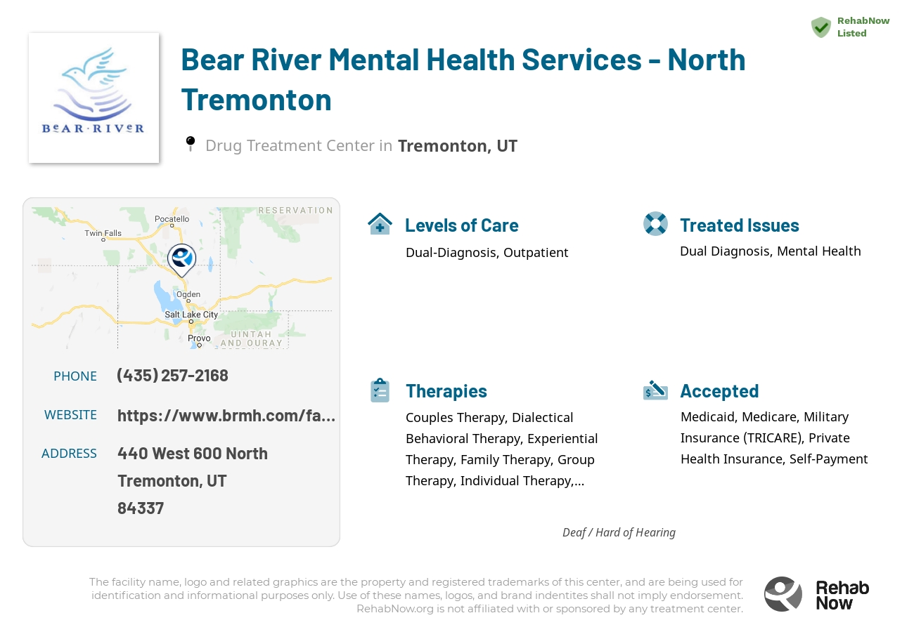 Helpful reference information for Bear River Mental Health Services - North Tremonton, a drug treatment center in Utah located at: 440 440 West 600 North, Tremonton, UT 84337, including phone numbers, official website, and more. Listed briefly is an overview of Levels of Care, Therapies Offered, Issues Treated, and accepted forms of Payment Methods.