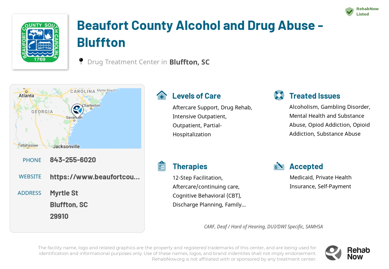 Helpful reference information for Beaufort County Alcohol and Drug Abuse - Bluffton, a drug treatment center in South Carolina located at: Myrtle St, Bluffton, SC 29910, including phone numbers, official website, and more. Listed briefly is an overview of Levels of Care, Therapies Offered, Issues Treated, and accepted forms of Payment Methods.