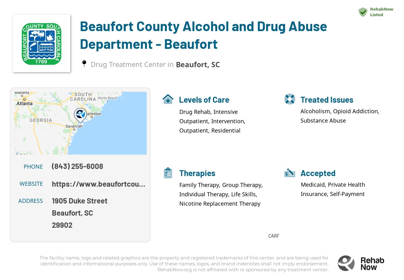 Helpful reference information for Beaufort County Alcohol and Drug Abuse Department - Beaufort, a drug treatment center in South Carolina located at: 1905 1905 Duke Street, Beaufort, SC 29902, including phone numbers, official website, and more. Listed briefly is an overview of Levels of Care, Therapies Offered, Issues Treated, and accepted forms of Payment Methods.