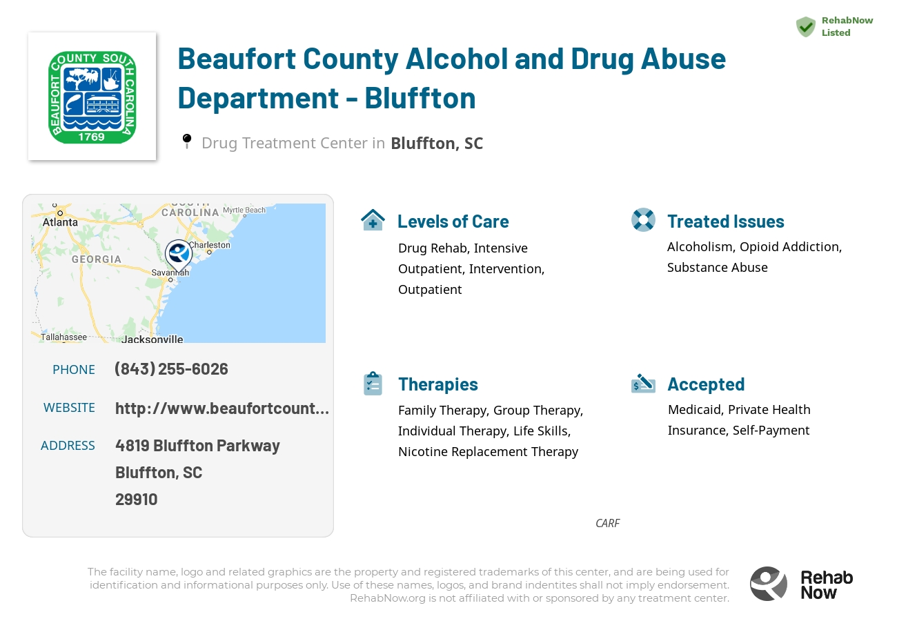 Helpful reference information for Beaufort County Alcohol and Drug Abuse Department - Bluffton, a drug treatment center in South Carolina located at: 4819 4819 Bluffton Parkway, Bluffton, SC 29910, including phone numbers, official website, and more. Listed briefly is an overview of Levels of Care, Therapies Offered, Issues Treated, and accepted forms of Payment Methods.