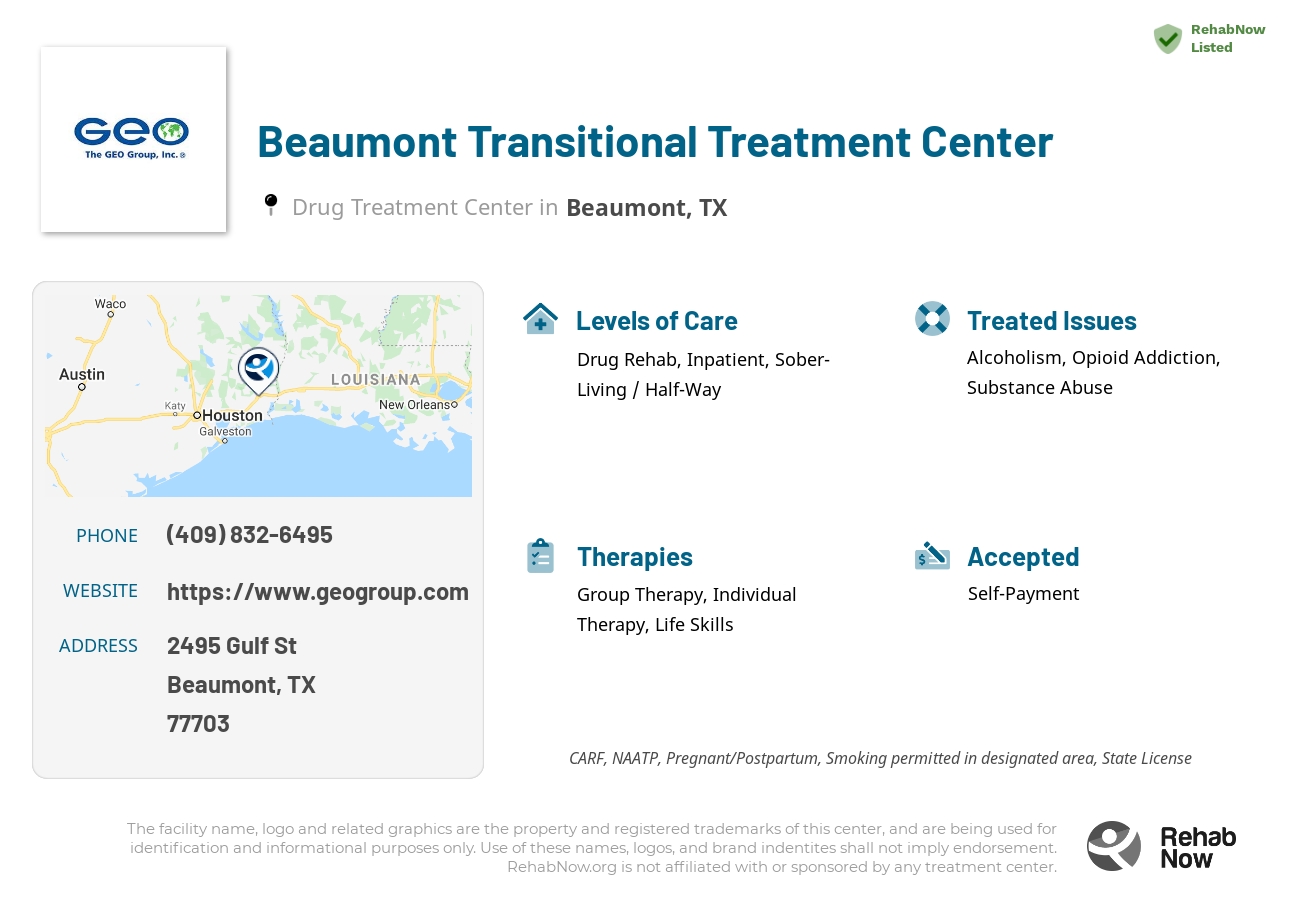 Helpful reference information for Beaumont Transitional Treatment Center, a drug treatment center in Texas located at: 2495 Gulf St, Beaumont, TX 77703, including phone numbers, official website, and more. Listed briefly is an overview of Levels of Care, Therapies Offered, Issues Treated, and accepted forms of Payment Methods.