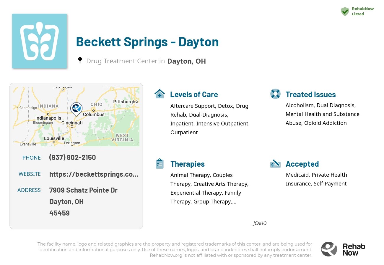 Helpful reference information for Beckett Springs - Dayton, a drug treatment center in Ohio located at: 7909 Schatz Pointe Dr, Dayton, OH 45459, including phone numbers, official website, and more. Listed briefly is an overview of Levels of Care, Therapies Offered, Issues Treated, and accepted forms of Payment Methods.