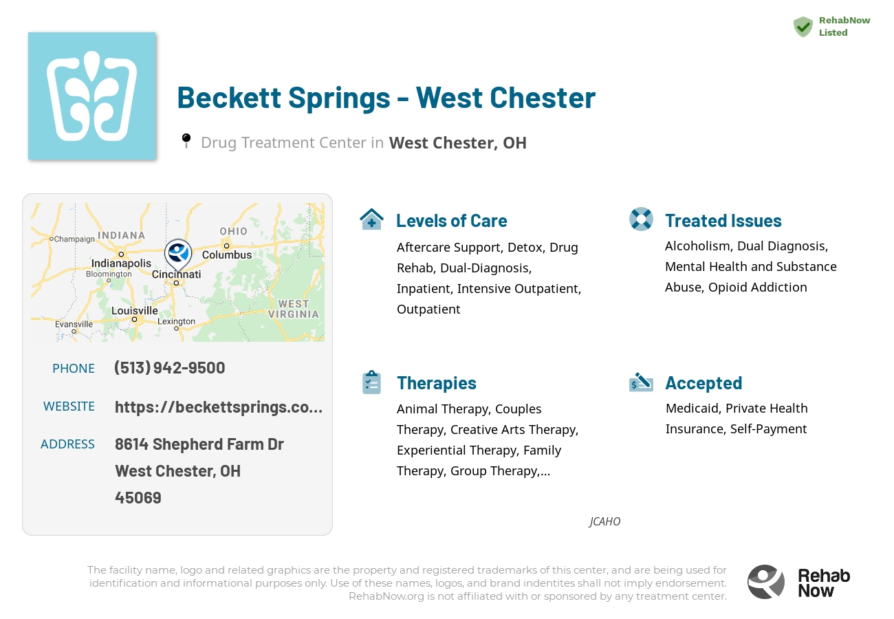 Helpful reference information for Beckett Springs - West Chester, a drug treatment center in Ohio located at: 8614 Shepherd Farm Dr, West Chester, OH 45069, including phone numbers, official website, and more. Listed briefly is an overview of Levels of Care, Therapies Offered, Issues Treated, and accepted forms of Payment Methods.
