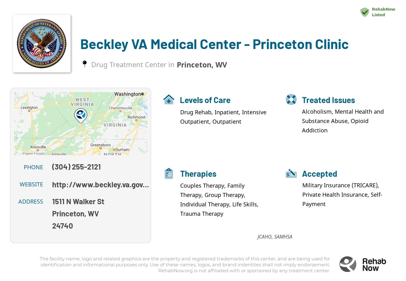 Helpful reference information for Beckley VA Medical Center - Princeton Clinic, a drug treatment center in West Virginia located at: 1511 N Walker St, Princeton, WV 24740, including phone numbers, official website, and more. Listed briefly is an overview of Levels of Care, Therapies Offered, Issues Treated, and accepted forms of Payment Methods.