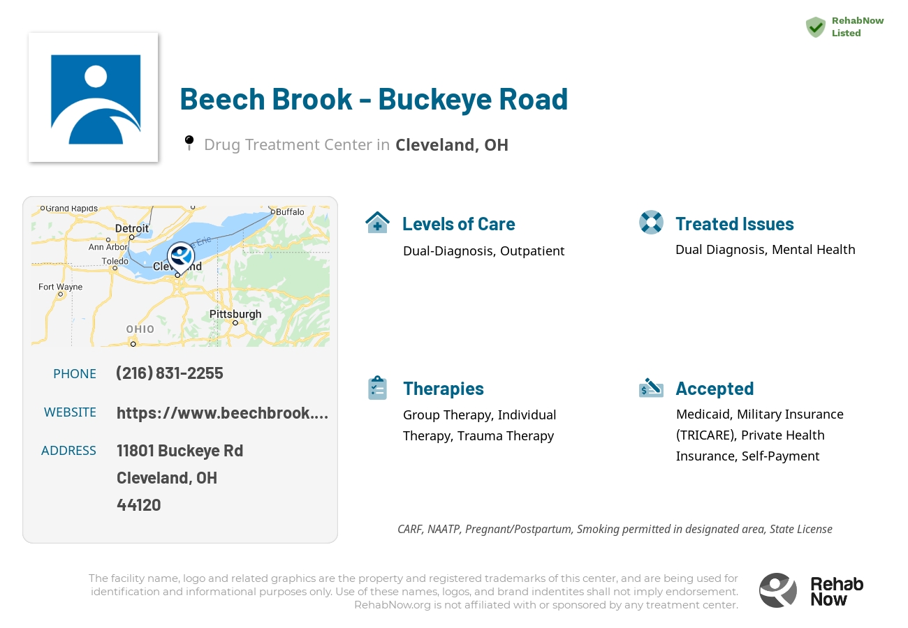 Helpful reference information for Beech Brook - Buckeye Road, a drug treatment center in Ohio located at: 11801 Buckeye Rd, Cleveland, OH 44120, including phone numbers, official website, and more. Listed briefly is an overview of Levels of Care, Therapies Offered, Issues Treated, and accepted forms of Payment Methods.