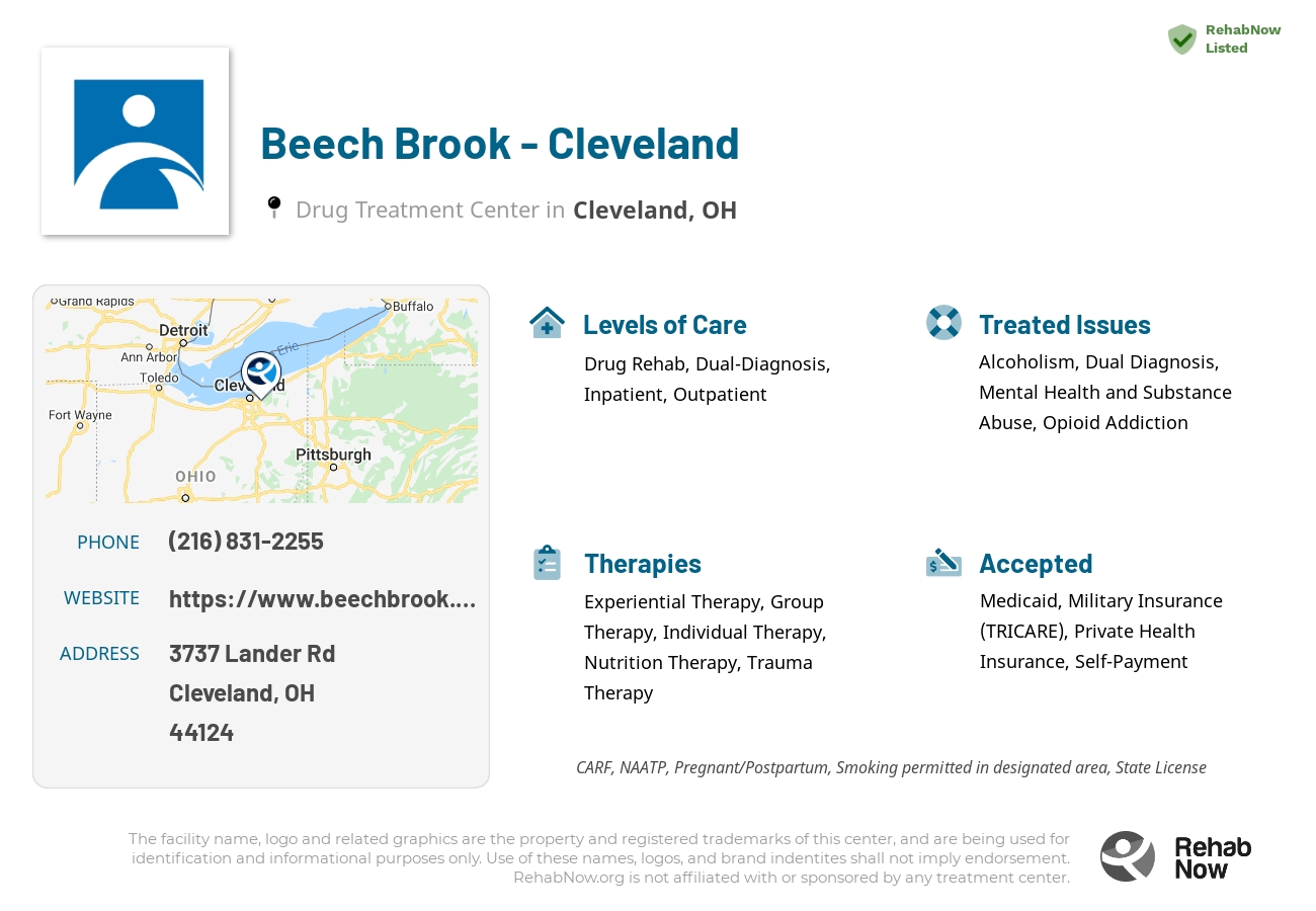 Helpful reference information for Beech Brook - Cleveland, a drug treatment center in Ohio located at: 3737 Lander Rd, Cleveland, OH 44124, including phone numbers, official website, and more. Listed briefly is an overview of Levels of Care, Therapies Offered, Issues Treated, and accepted forms of Payment Methods.