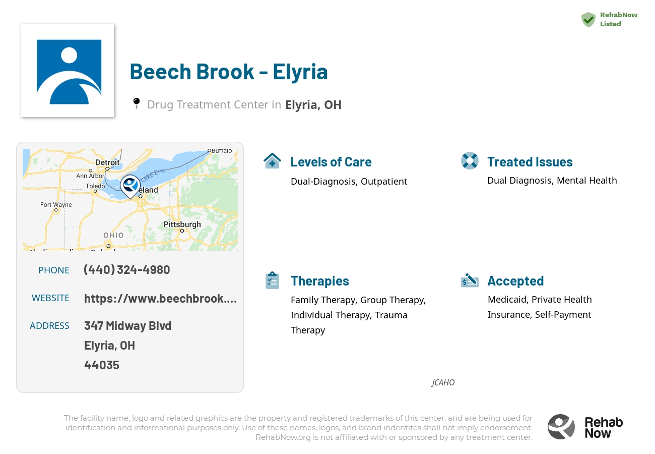 Helpful reference information for Beech Brook - Elyria, a drug treatment center in Ohio located at: 347 Midway Blvd, Elyria, OH 44035, including phone numbers, official website, and more. Listed briefly is an overview of Levels of Care, Therapies Offered, Issues Treated, and accepted forms of Payment Methods.