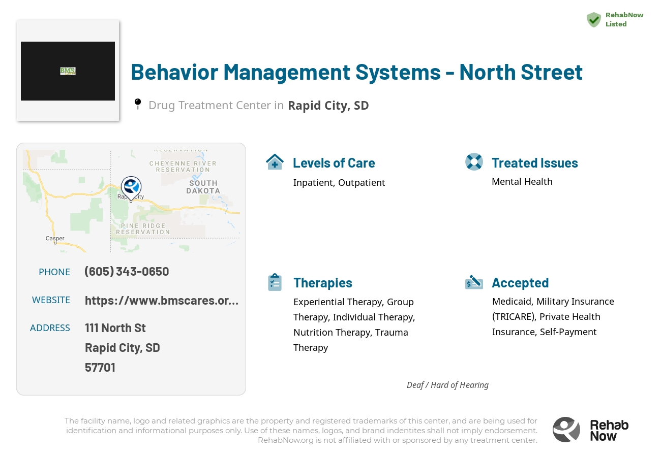 Helpful reference information for Behavior Management Systems - North Street, a drug treatment center in South Dakota located at: 111 North St, Rapid City, SD 57701, including phone numbers, official website, and more. Listed briefly is an overview of Levels of Care, Therapies Offered, Issues Treated, and accepted forms of Payment Methods.