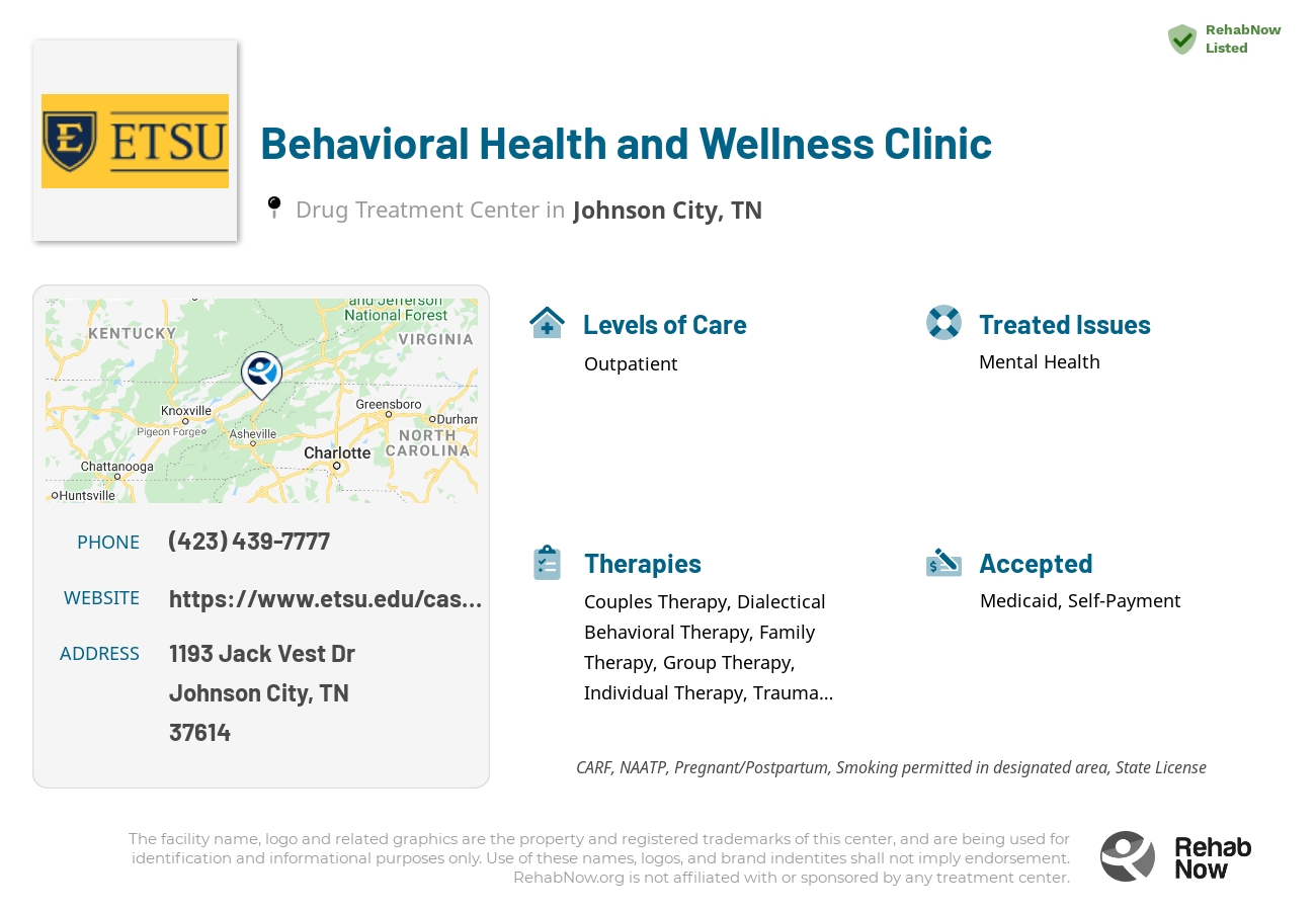 Helpful reference information for Behavioral Health and Wellness Clinic, a drug treatment center in Tennessee located at: 1193 Jack Vest Dr, Johnson City, TN 37614, including phone numbers, official website, and more. Listed briefly is an overview of Levels of Care, Therapies Offered, Issues Treated, and accepted forms of Payment Methods.