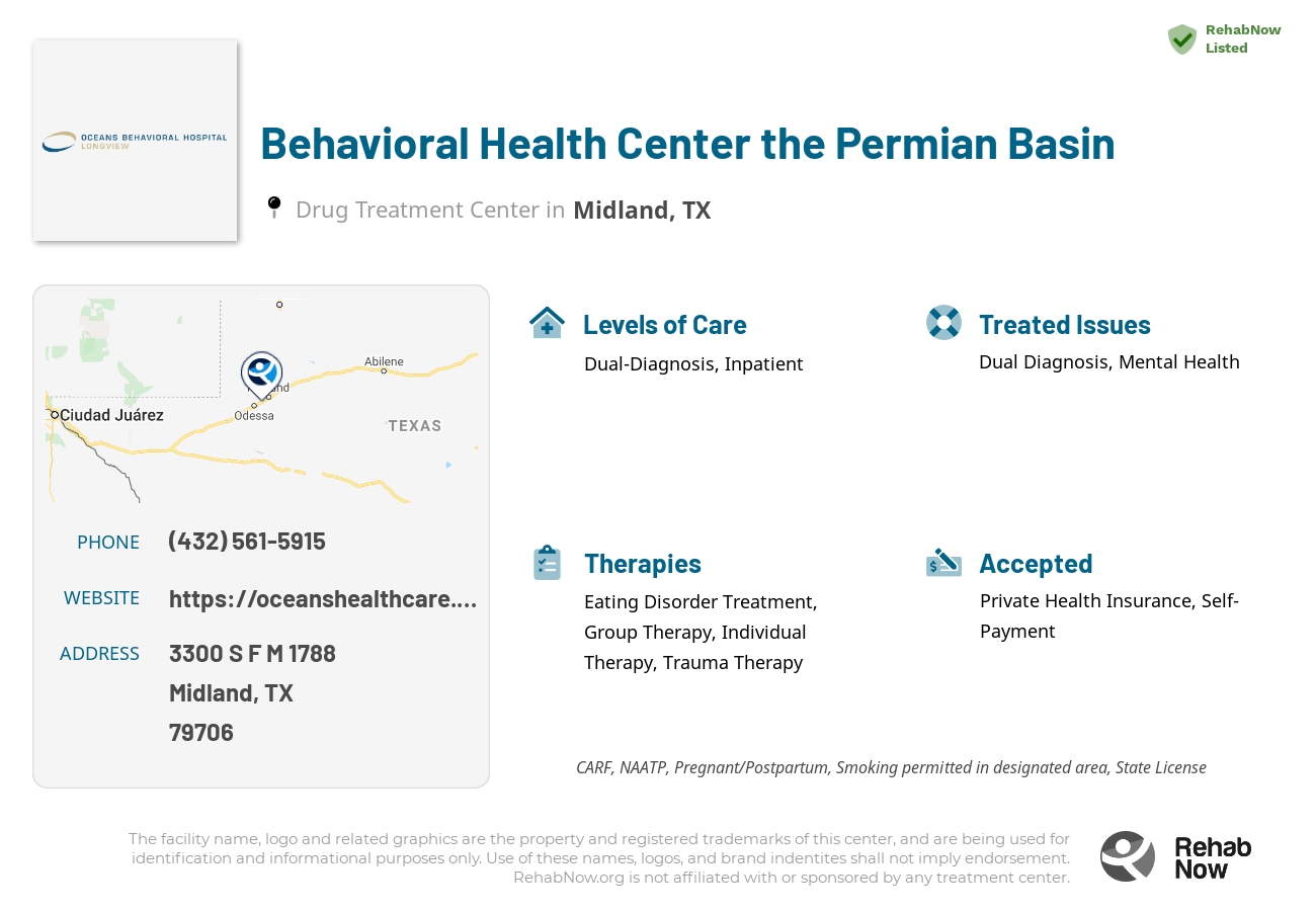 Helpful reference information for Behavioral Health Center the Permian Basin, a drug treatment center in Texas located at: 3300 S F M 1788, Midland, TX 79706, including phone numbers, official website, and more. Listed briefly is an overview of Levels of Care, Therapies Offered, Issues Treated, and accepted forms of Payment Methods.