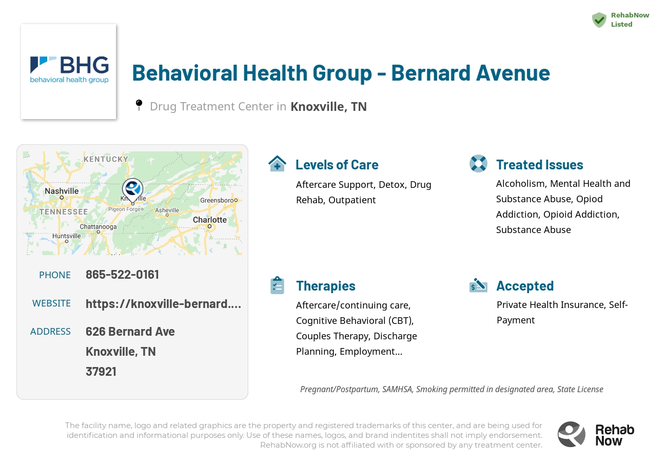 Helpful reference information for Behavioral Health Group - Bernard Avenue, a drug treatment center in Tennessee located at: 626 Bernard Ave, Knoxville, TN 37921, including phone numbers, official website, and more. Listed briefly is an overview of Levels of Care, Therapies Offered, Issues Treated, and accepted forms of Payment Methods.