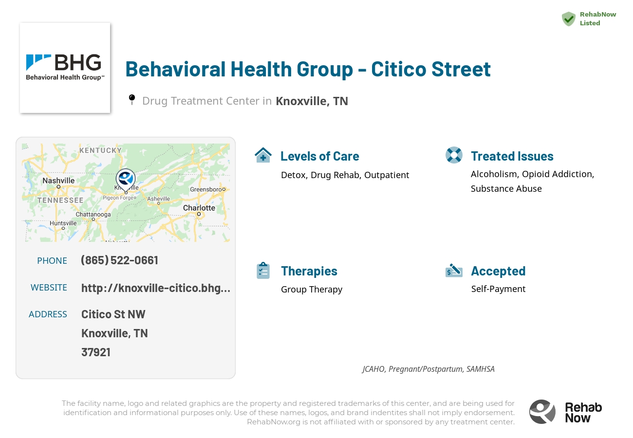 Helpful reference information for Behavioral Health Group - Citico Street, a drug treatment center in Tennessee located at: Citico St NW, Knoxville, TN 37921, including phone numbers, official website, and more. Listed briefly is an overview of Levels of Care, Therapies Offered, Issues Treated, and accepted forms of Payment Methods.
