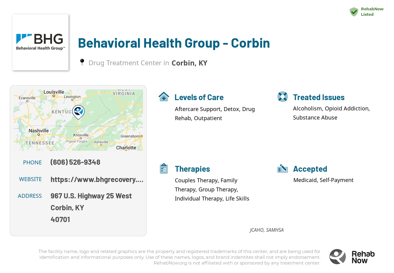 Helpful reference information for Behavioral Health Group - Corbin, a drug treatment center in Kentucky located at: 967 U.S. Highway 25 West, Corbin, KY, 40701, including phone numbers, official website, and more. Listed briefly is an overview of Levels of Care, Therapies Offered, Issues Treated, and accepted forms of Payment Methods.