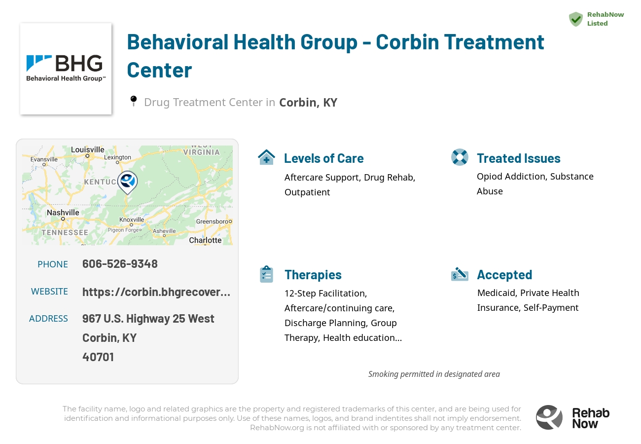 Helpful reference information for Behavioral Health Group - Corbin Treatment Center, a drug treatment center in Kentucky located at: 967 U.S. Highway 25 West, Corbin, KY 40701, including phone numbers, official website, and more. Listed briefly is an overview of Levels of Care, Therapies Offered, Issues Treated, and accepted forms of Payment Methods.