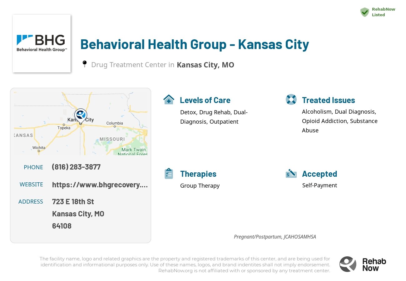 Helpful reference information for Behavioral Health Group - Kansas City, a drug treatment center in Missouri located at: 723 E 18th St, Kansas City, MO 64108, including phone numbers, official website, and more. Listed briefly is an overview of Levels of Care, Therapies Offered, Issues Treated, and accepted forms of Payment Methods.