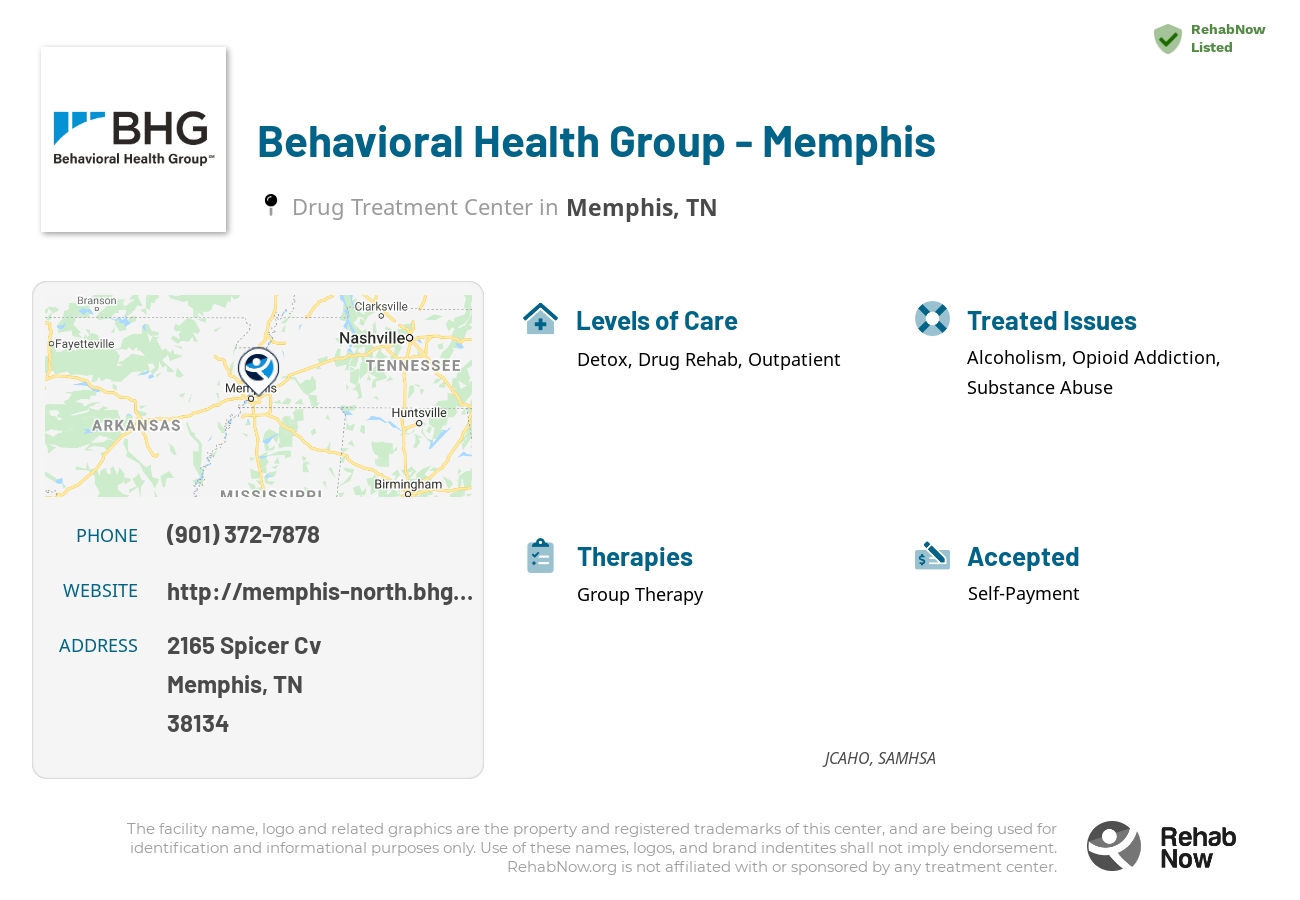 Helpful reference information for Behavioral Health Group - Memphis, a drug treatment center in Tennessee located at: 2165 Spicer Cv, Memphis, TN 38134, including phone numbers, official website, and more. Listed briefly is an overview of Levels of Care, Therapies Offered, Issues Treated, and accepted forms of Payment Methods.