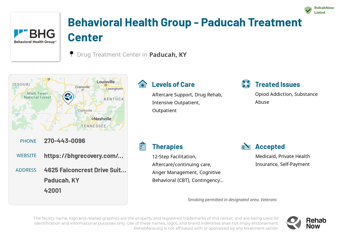 Helpful reference information for Behavioral Health Group - Paducah Treatment Center, a drug treatment center in Kentucky located at: 4625 Falconcrest Drive Suite A, Paducah, KY 42001, including phone numbers, official website, and more. Listed briefly is an overview of Levels of Care, Therapies Offered, Issues Treated, and accepted forms of Payment Methods.