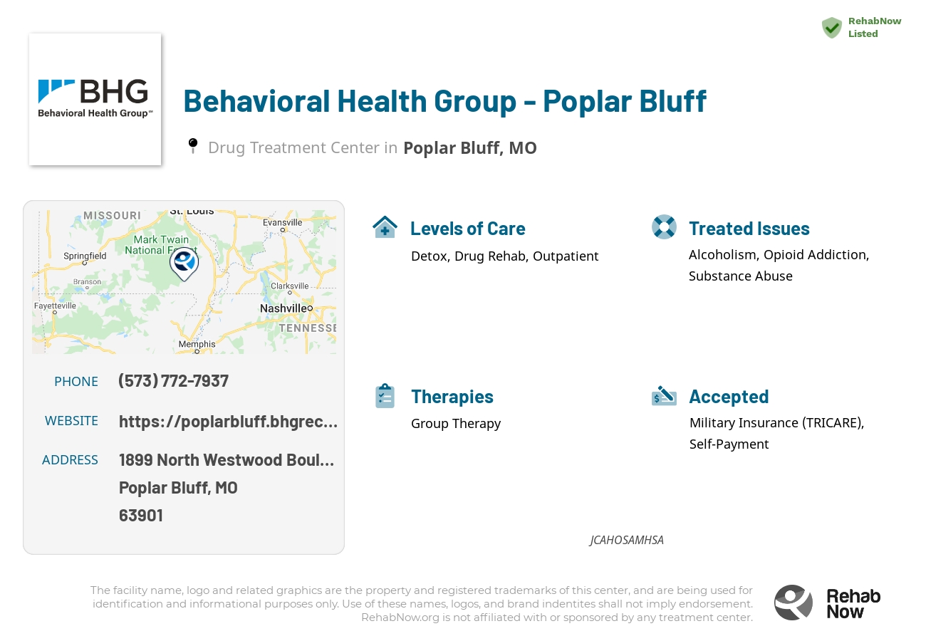 Helpful reference information for Behavioral Health Group - Poplar Bluff, a drug treatment center in Missouri located at: 1899 1899 North Westwood Boulevard, Poplar Bluff, MO 63901, including phone numbers, official website, and more. Listed briefly is an overview of Levels of Care, Therapies Offered, Issues Treated, and accepted forms of Payment Methods.