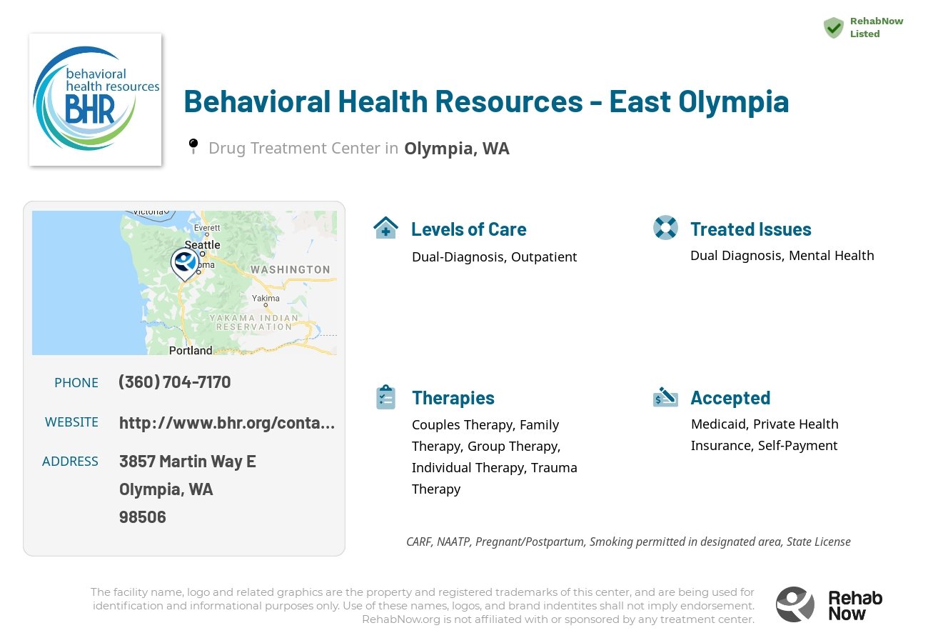 Helpful reference information for Behavioral Health Resources - East Olympia, a drug treatment center in Washington located at: 3857 Martin Way E, Olympia, WA 98506, including phone numbers, official website, and more. Listed briefly is an overview of Levels of Care, Therapies Offered, Issues Treated, and accepted forms of Payment Methods.
