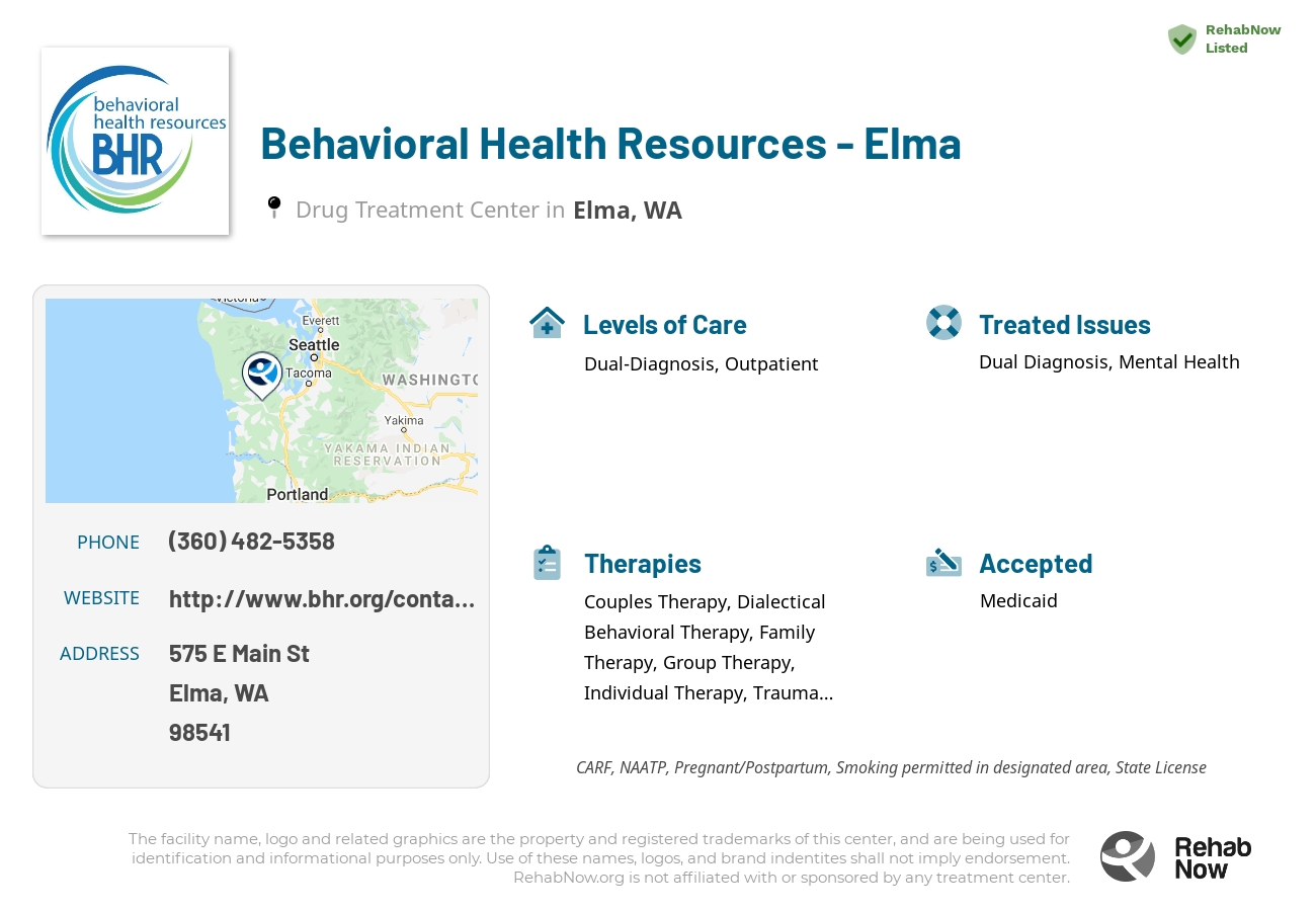 Helpful reference information for Behavioral Health Resources - Elma, a drug treatment center in Washington located at: 575 E Main St, Elma, WA 98541, including phone numbers, official website, and more. Listed briefly is an overview of Levels of Care, Therapies Offered, Issues Treated, and accepted forms of Payment Methods.
