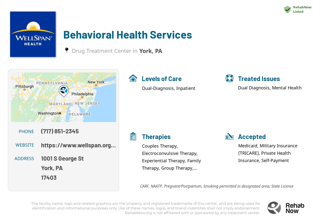 Helpful reference information for Behavioral Health Services, a drug treatment center in Pennsylvania located at: 1001 S George St, York, PA 17403, including phone numbers, official website, and more. Listed briefly is an overview of Levels of Care, Therapies Offered, Issues Treated, and accepted forms of Payment Methods.