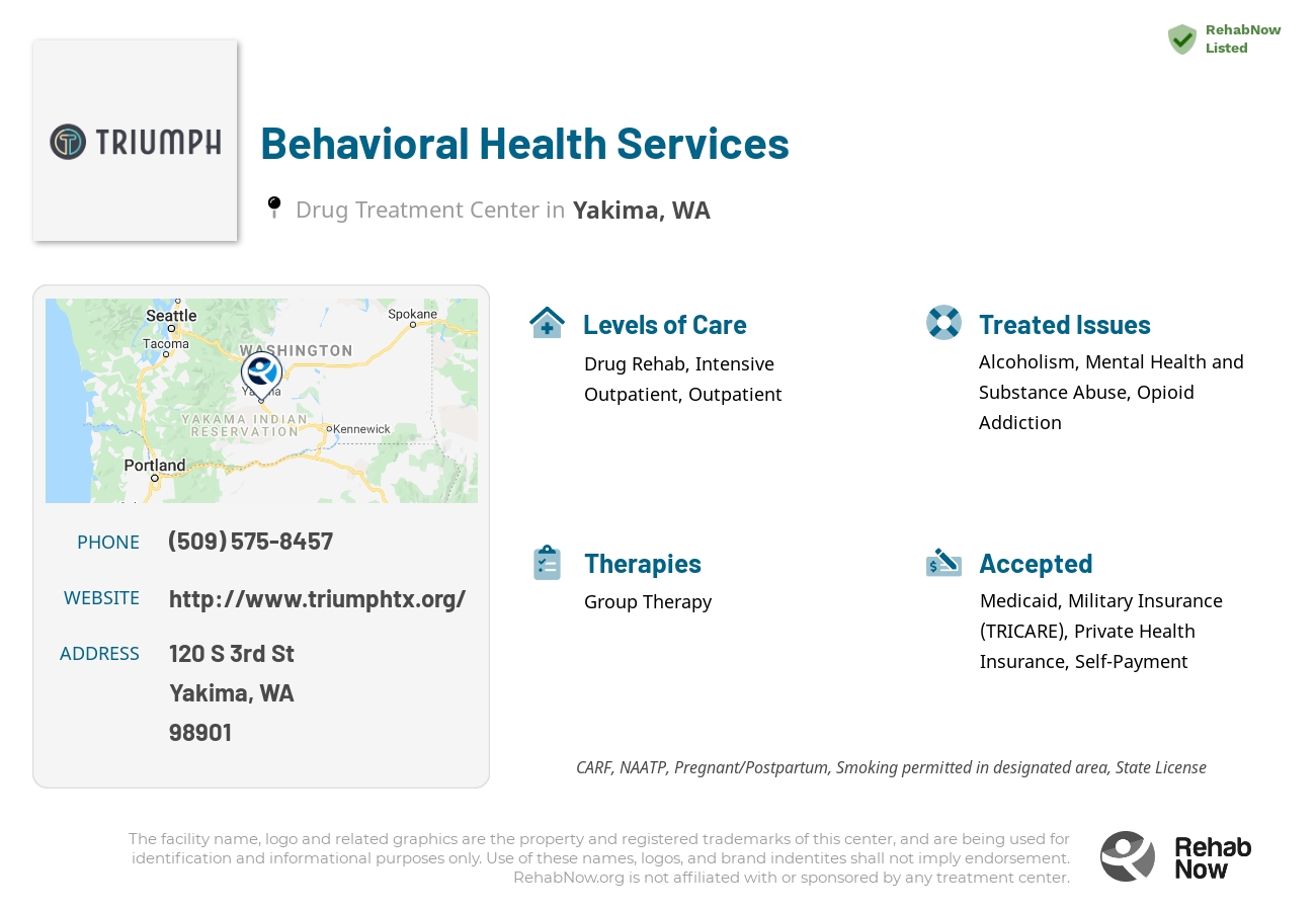 Helpful reference information for Behavioral Health Services, a drug treatment center in Washington located at: 120 S 3rd St, Yakima, WA 98901, including phone numbers, official website, and more. Listed briefly is an overview of Levels of Care, Therapies Offered, Issues Treated, and accepted forms of Payment Methods.